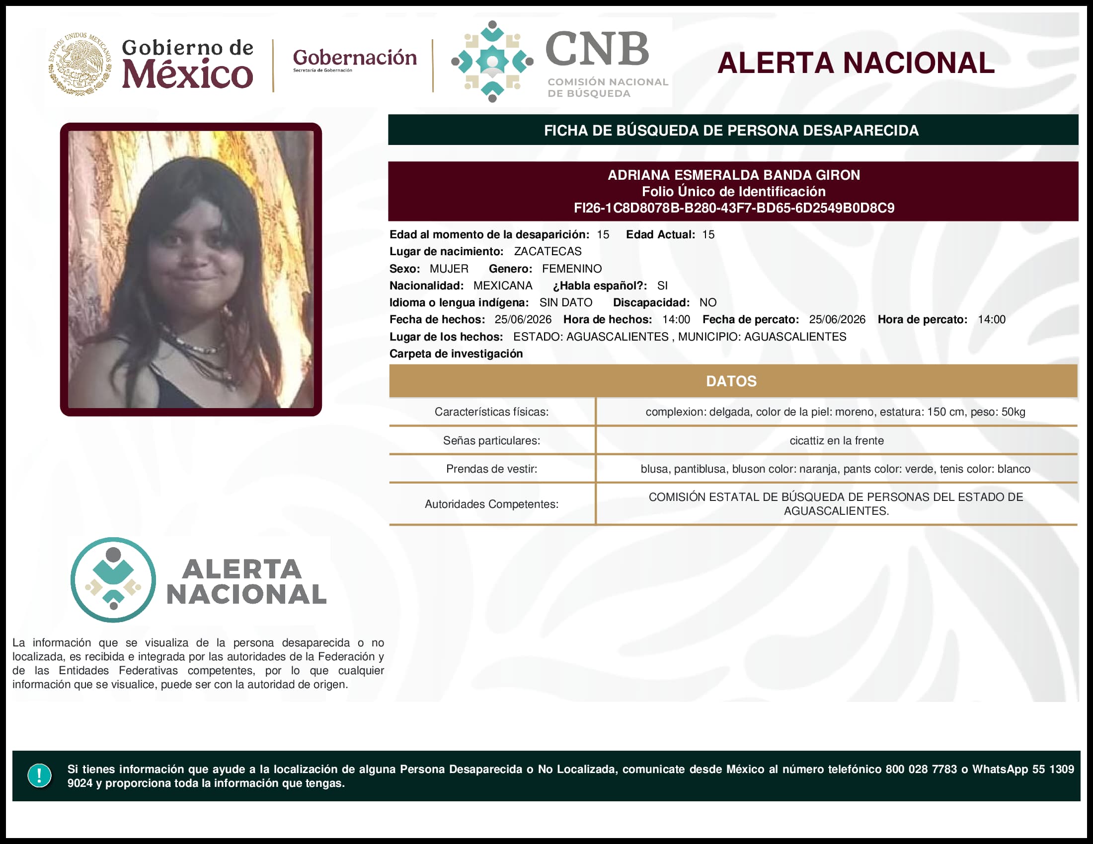 Persona desaparecida Adriana Esmeralda Banda Giron