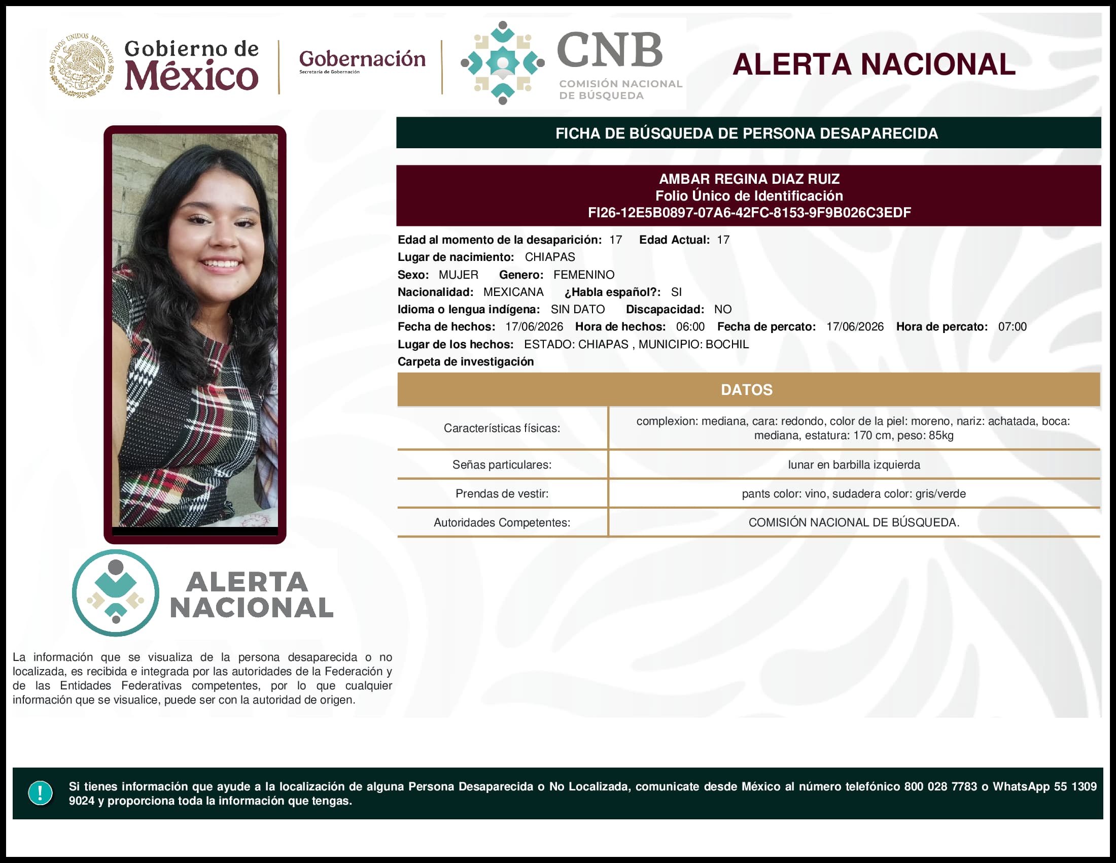 Persona desaparecida Ambar Regina Diaz Ruiz