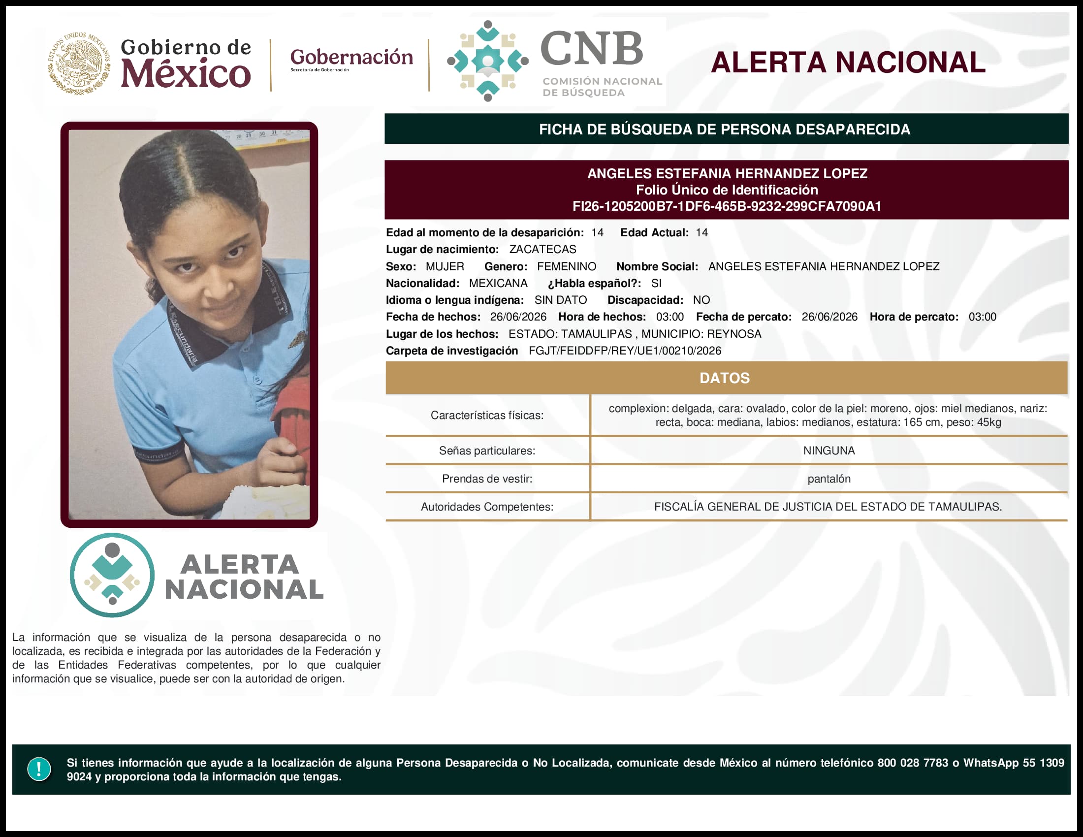 Persona desaparecida Angeles Estefania Hernandez Lopez
