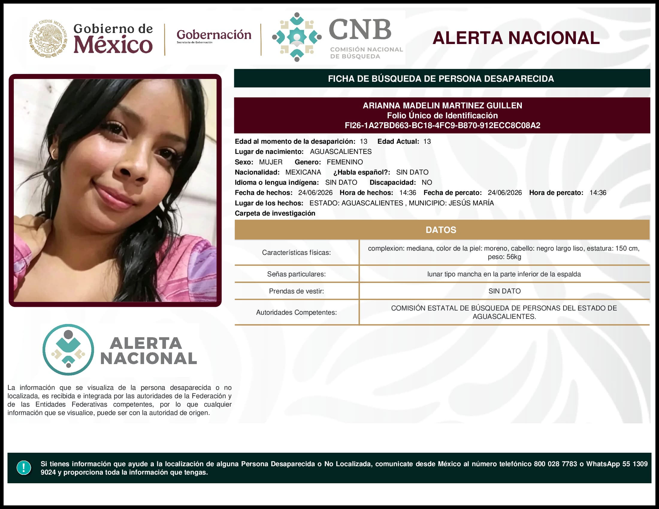 Persona desaparecida Arianna Madelin Martinez Guillen