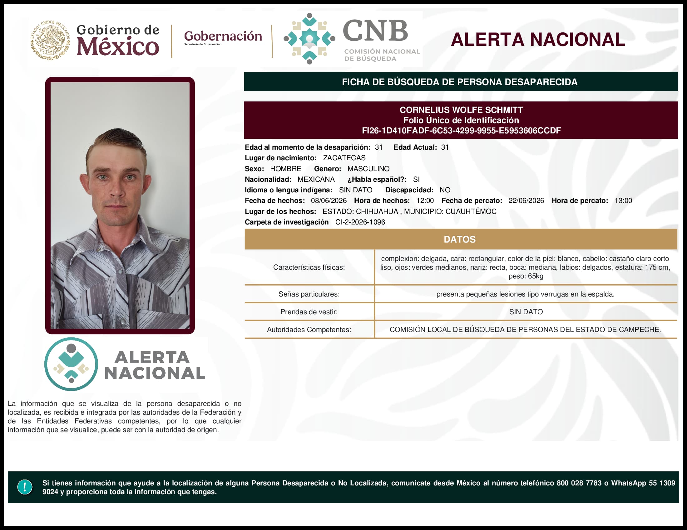 Persona desaparecida Cornelius Wolfe Schmitt