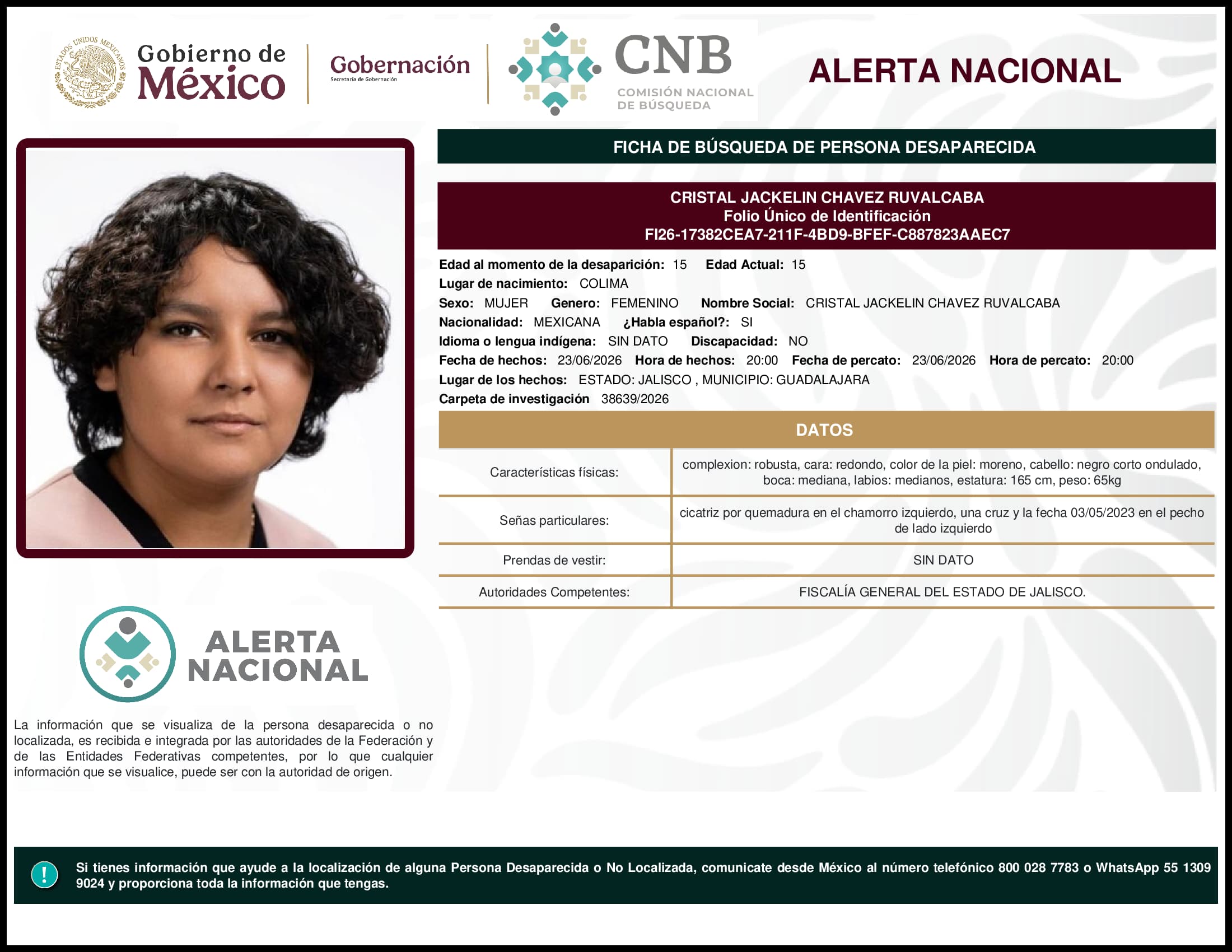 Persona desaparecida Cristal Jackelin Chavez Ruvalcaba