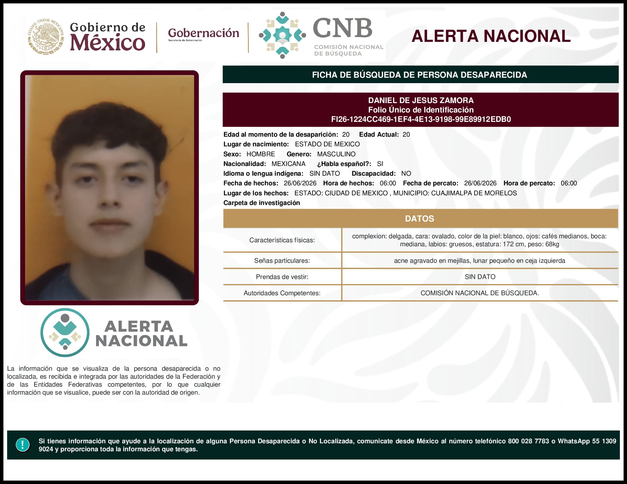 Persona desaparecida Daniel De Jesus Zamora