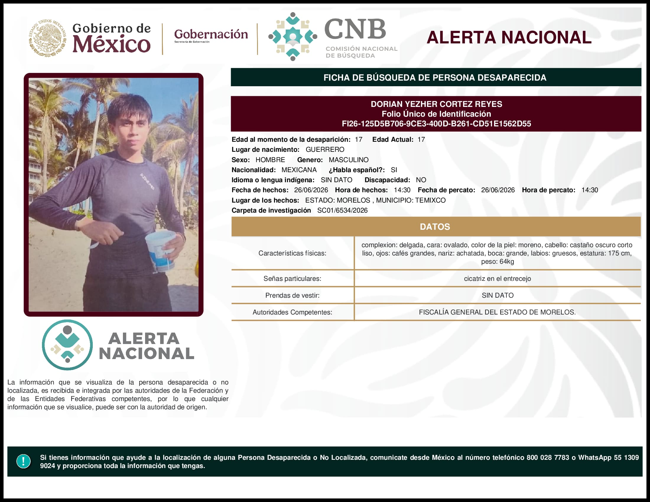 Persona desaparecida Dorian Yezher Cortez Reyes