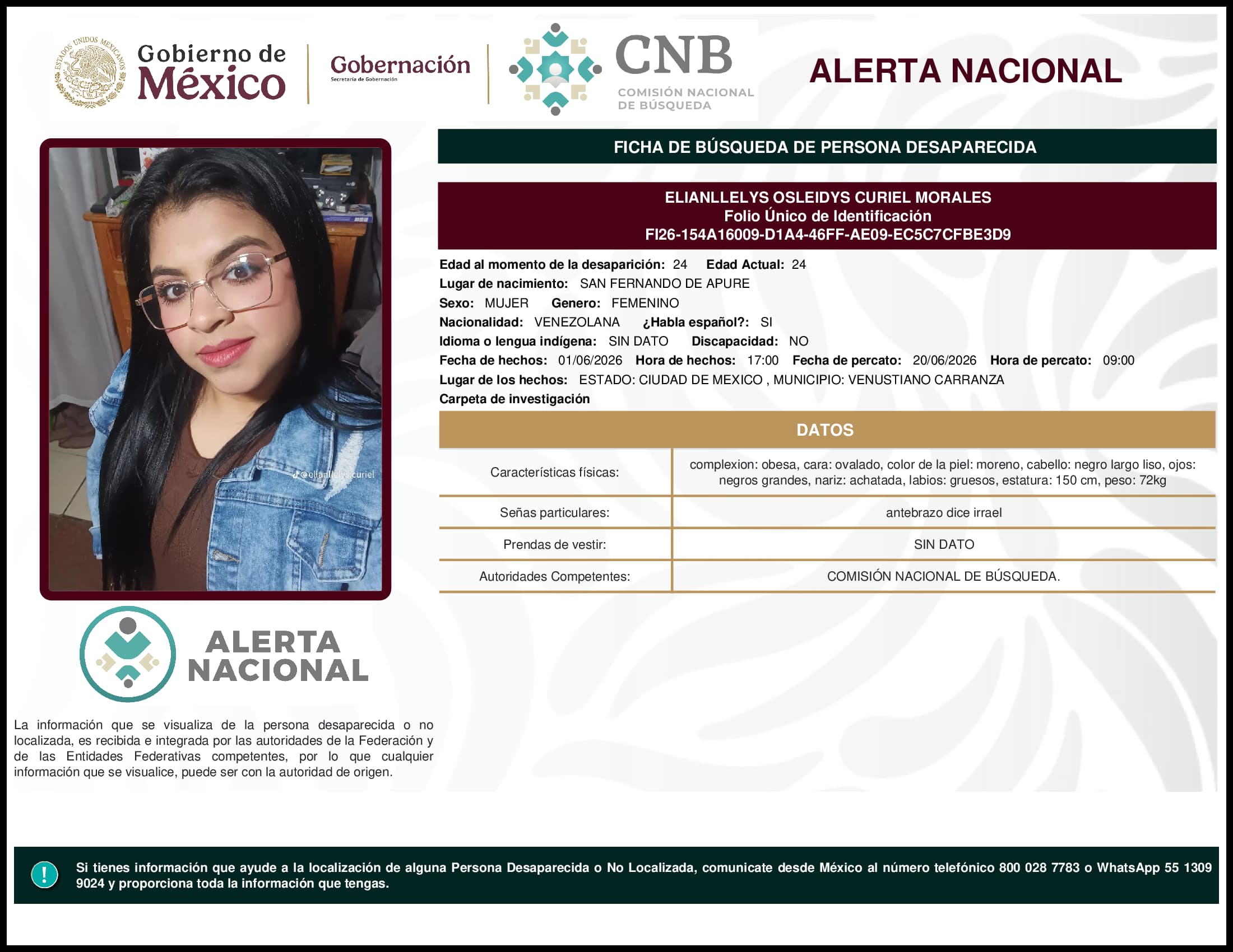 Persona desaparecida Elianllelys Osleidys Curiel Morales