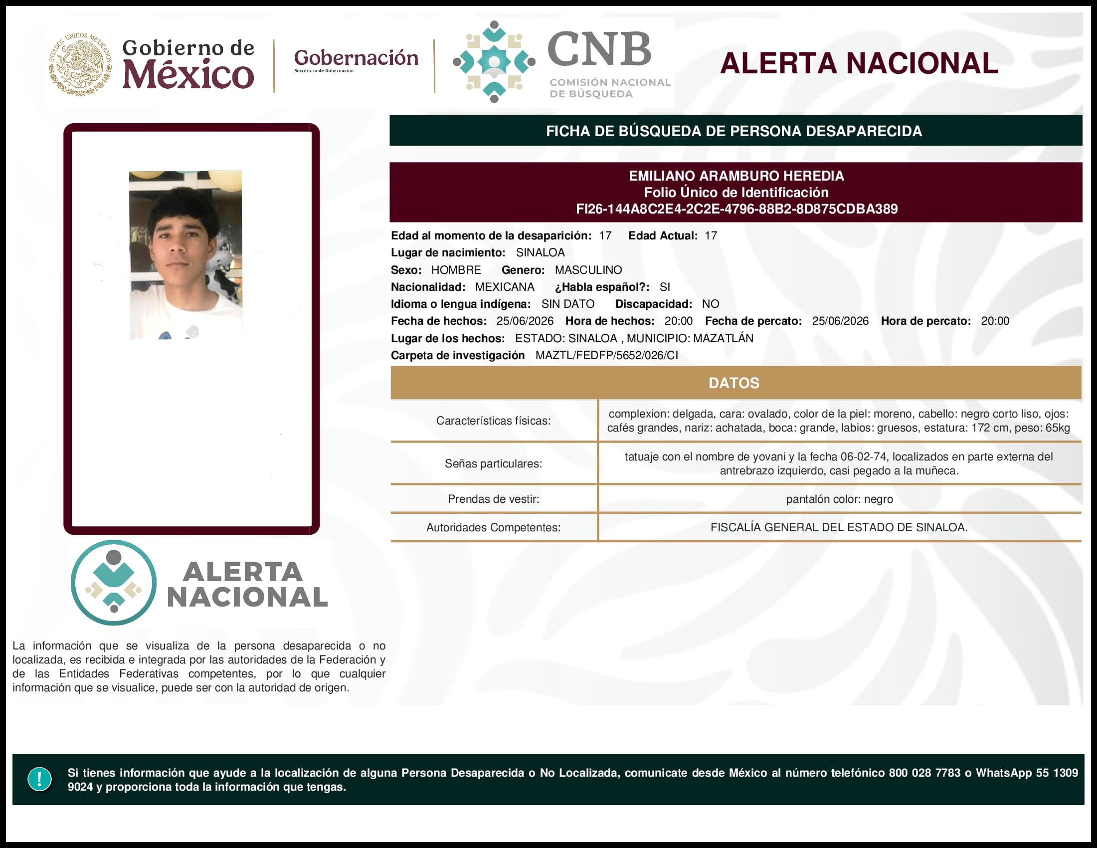 Persona desaparecida Emiliano Aramburo Heredia