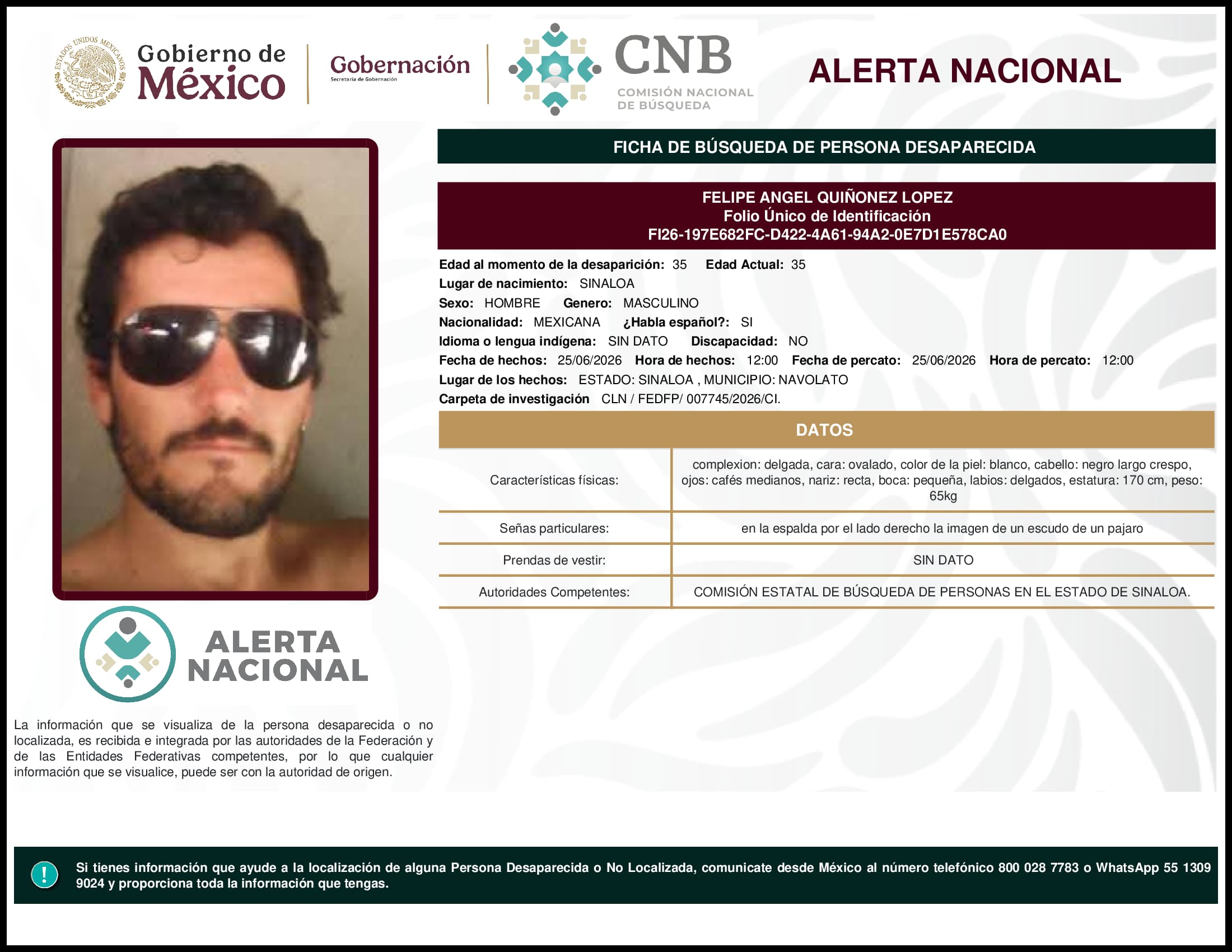 Persona desaparecida Felipe Angel Quinonez Lopez