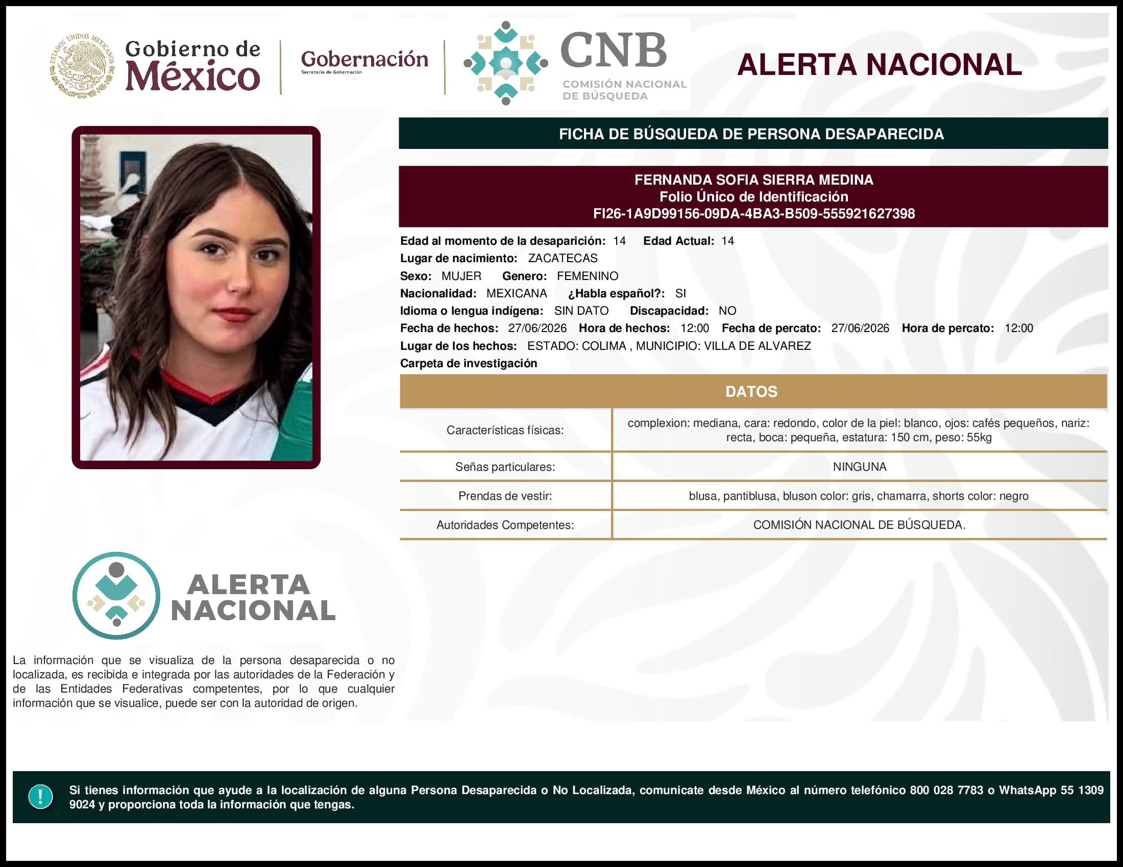 Persona desaparecida Fernanda Sofia Sierra Medina
