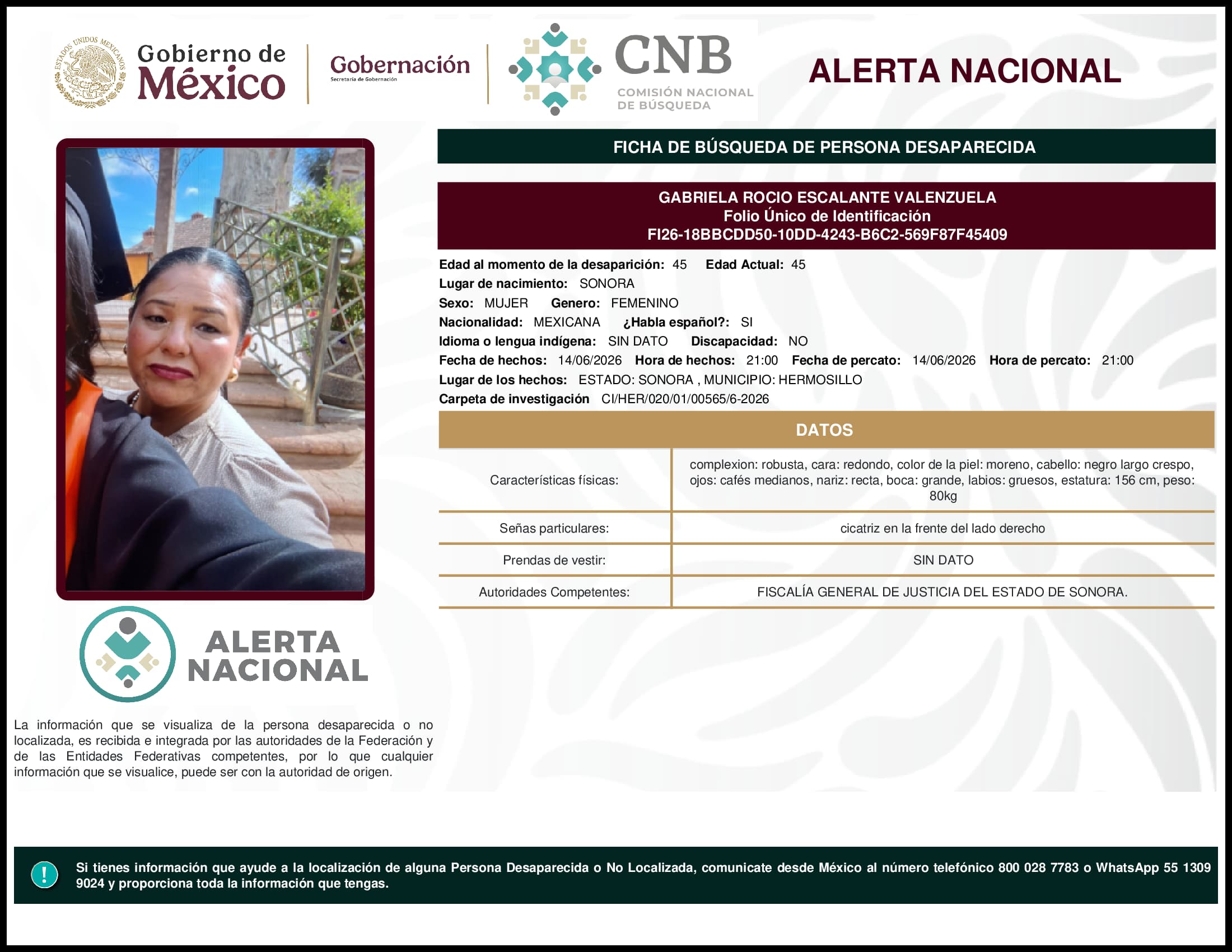 Persona desaparecida Gabriela Rocio Escalante Valenzuela