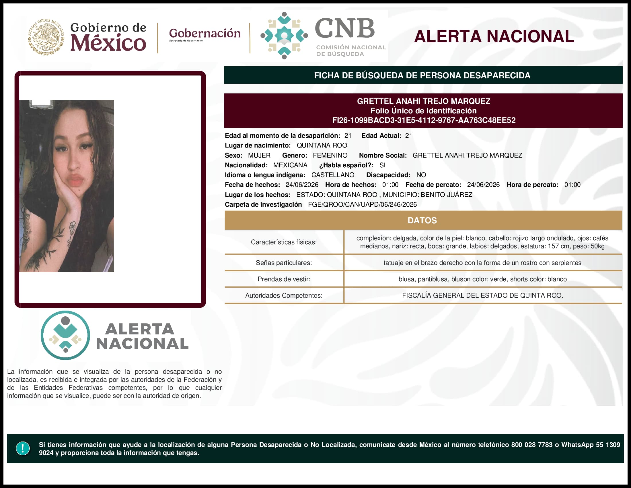 Persona desaparecida Grettel Anahi Trejo Marquez