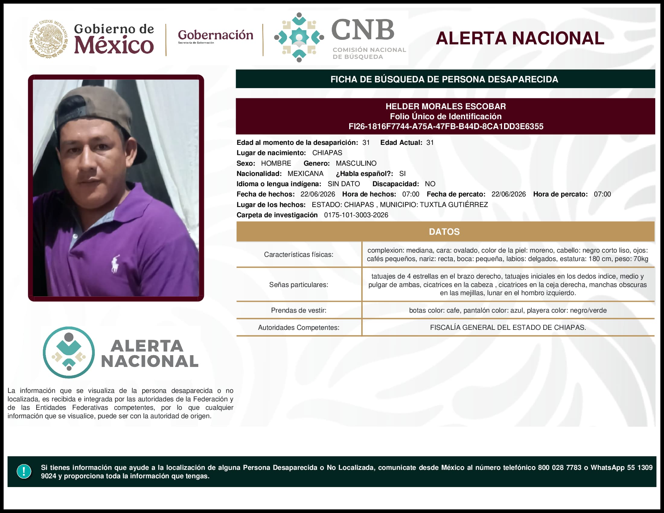 Persona desaparecida Helder Morales Escobar