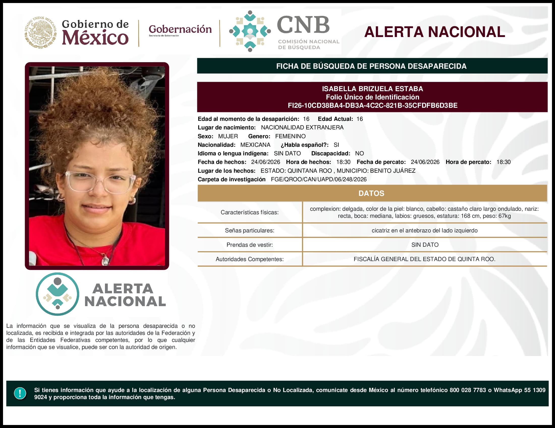 Persona desaparecida Isabella Brizuela Estaba