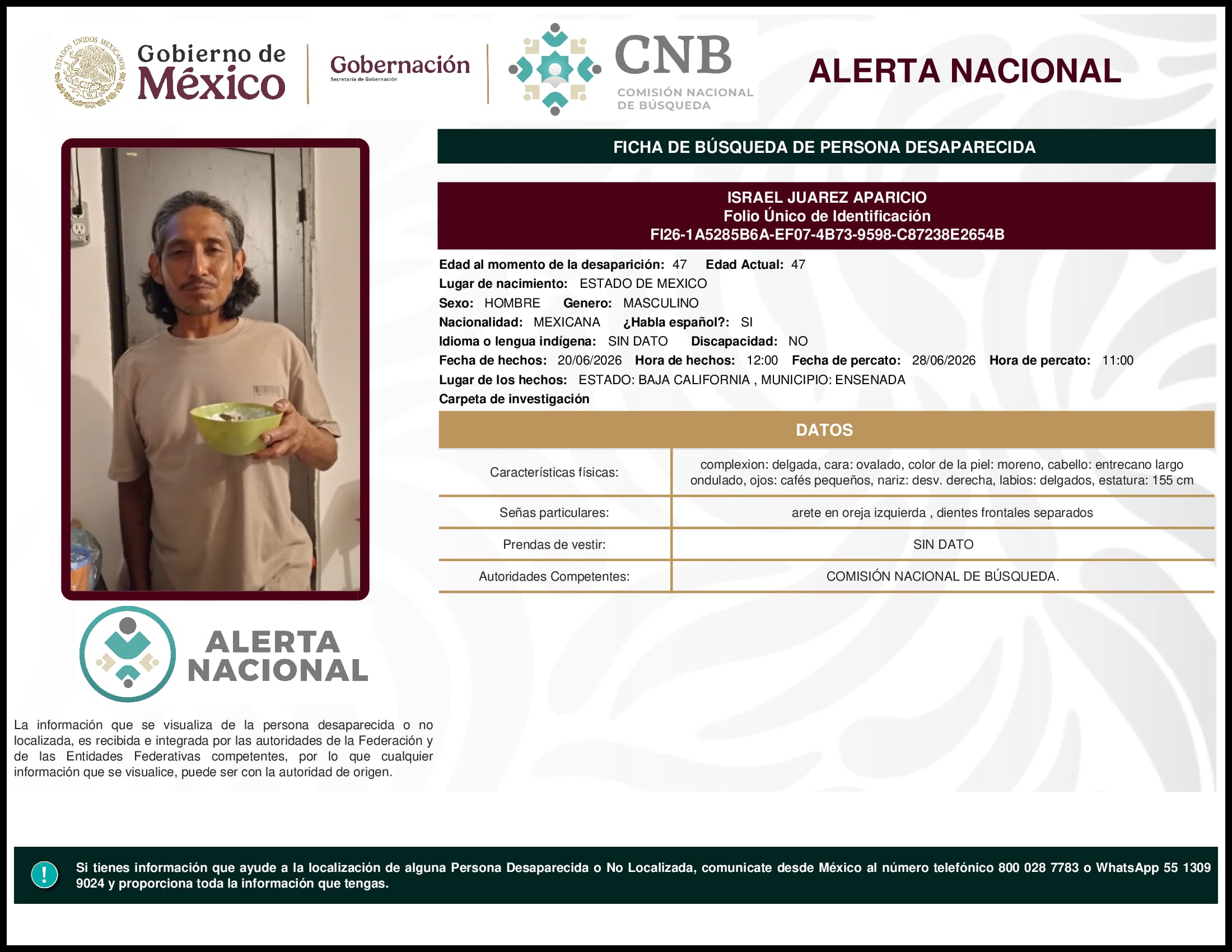 Persona desaparecida Israel Juarez Aparicio