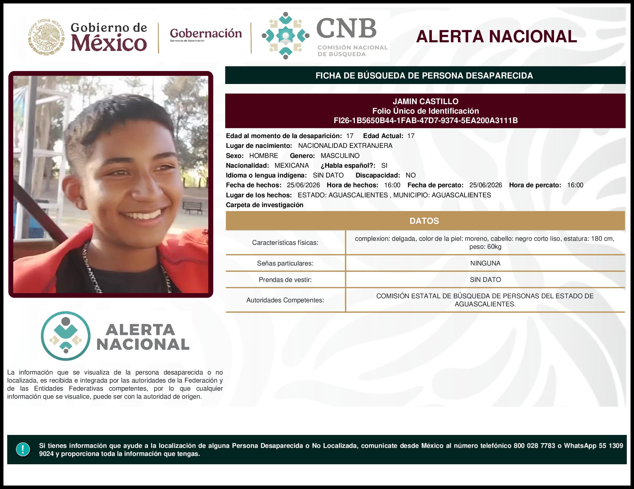 Persona desaparecida Jamin Castillo
