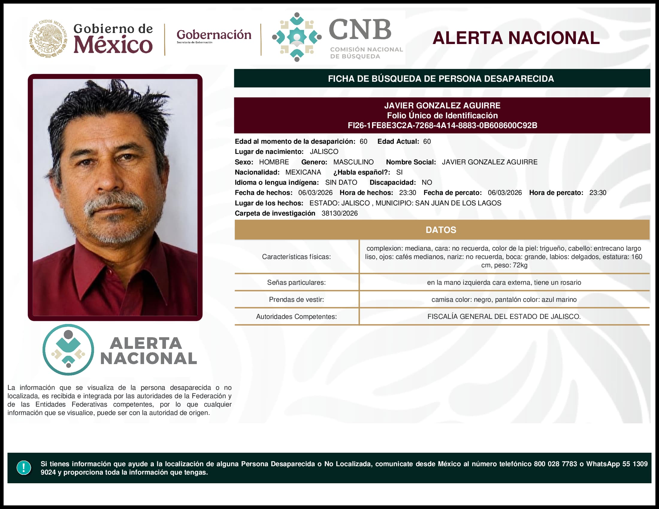 Persona desaparecida Javier Gonzalez Aguirre