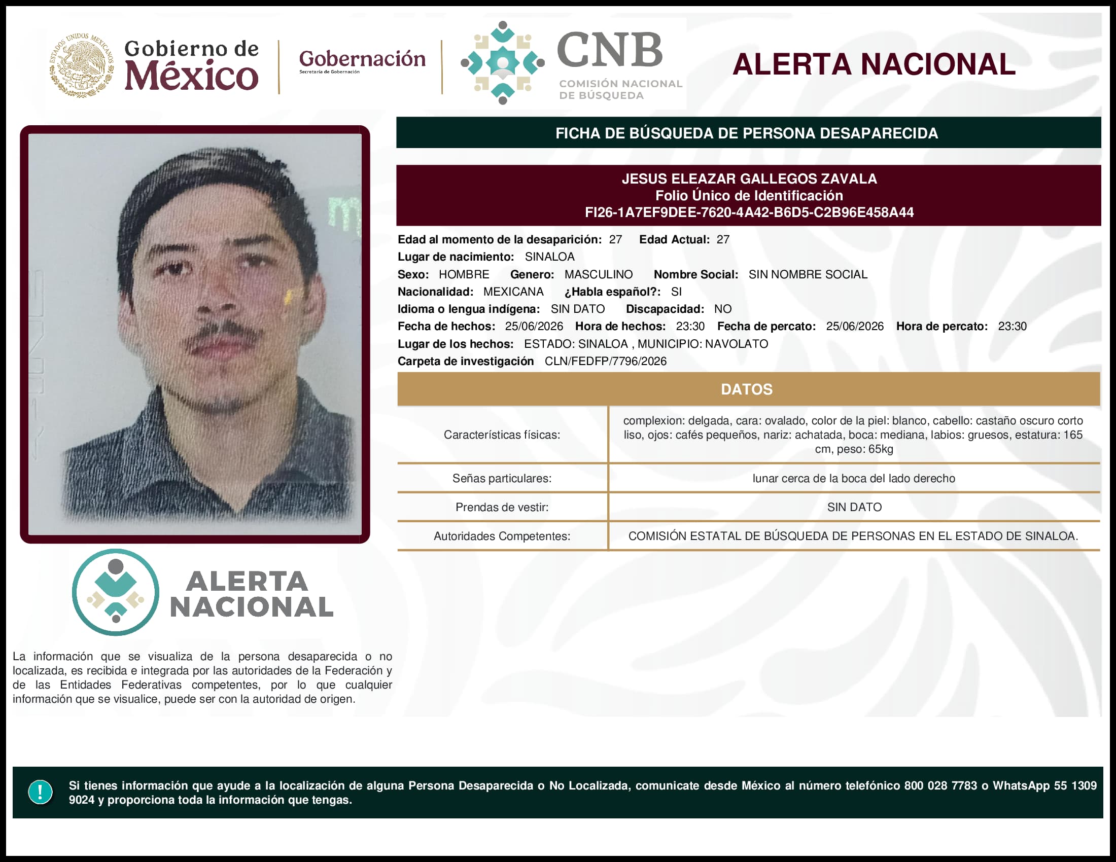 Persona desaparecida Jesus Eleazar Gallegos Zavala