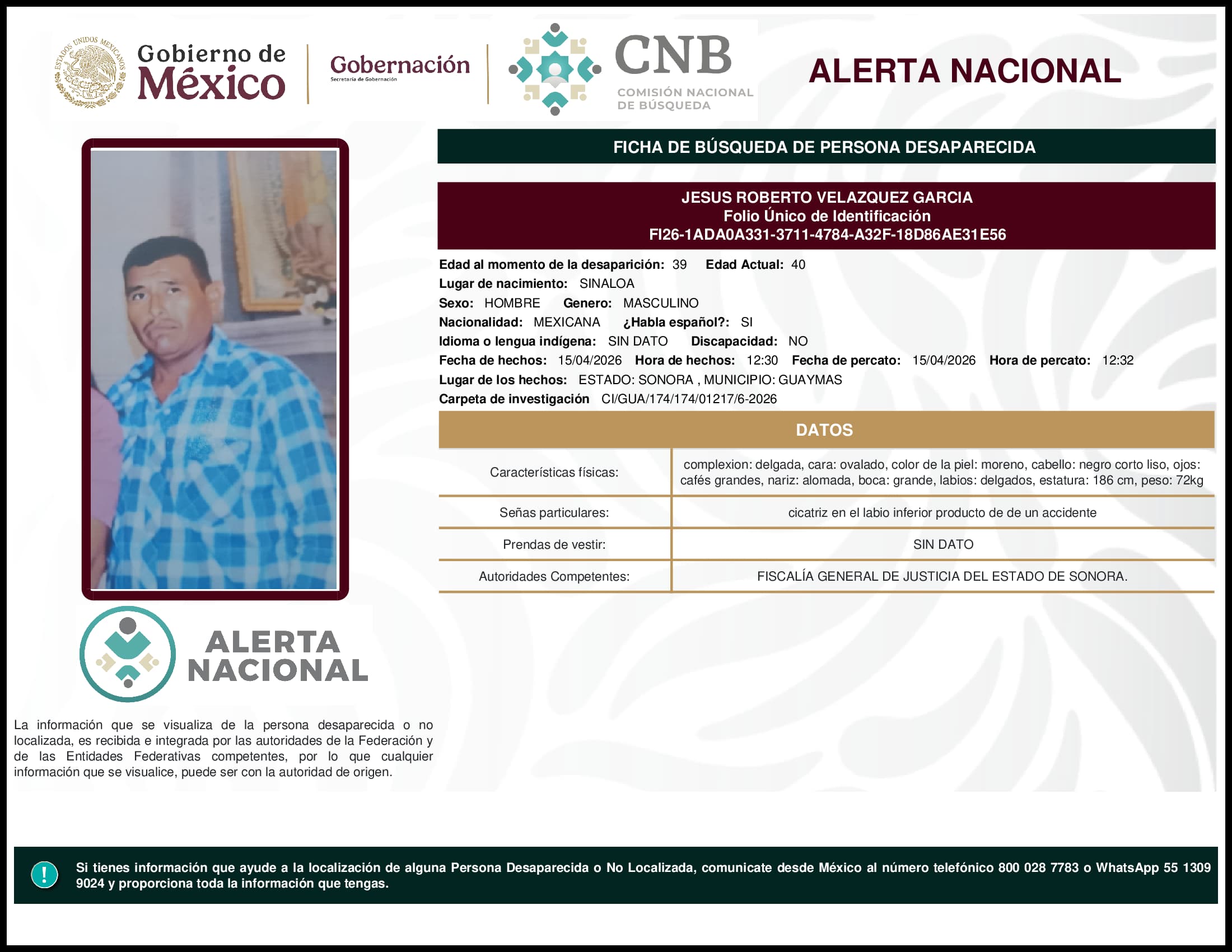 Persona desaparecida Jesus Roberto Velazquez Garcia