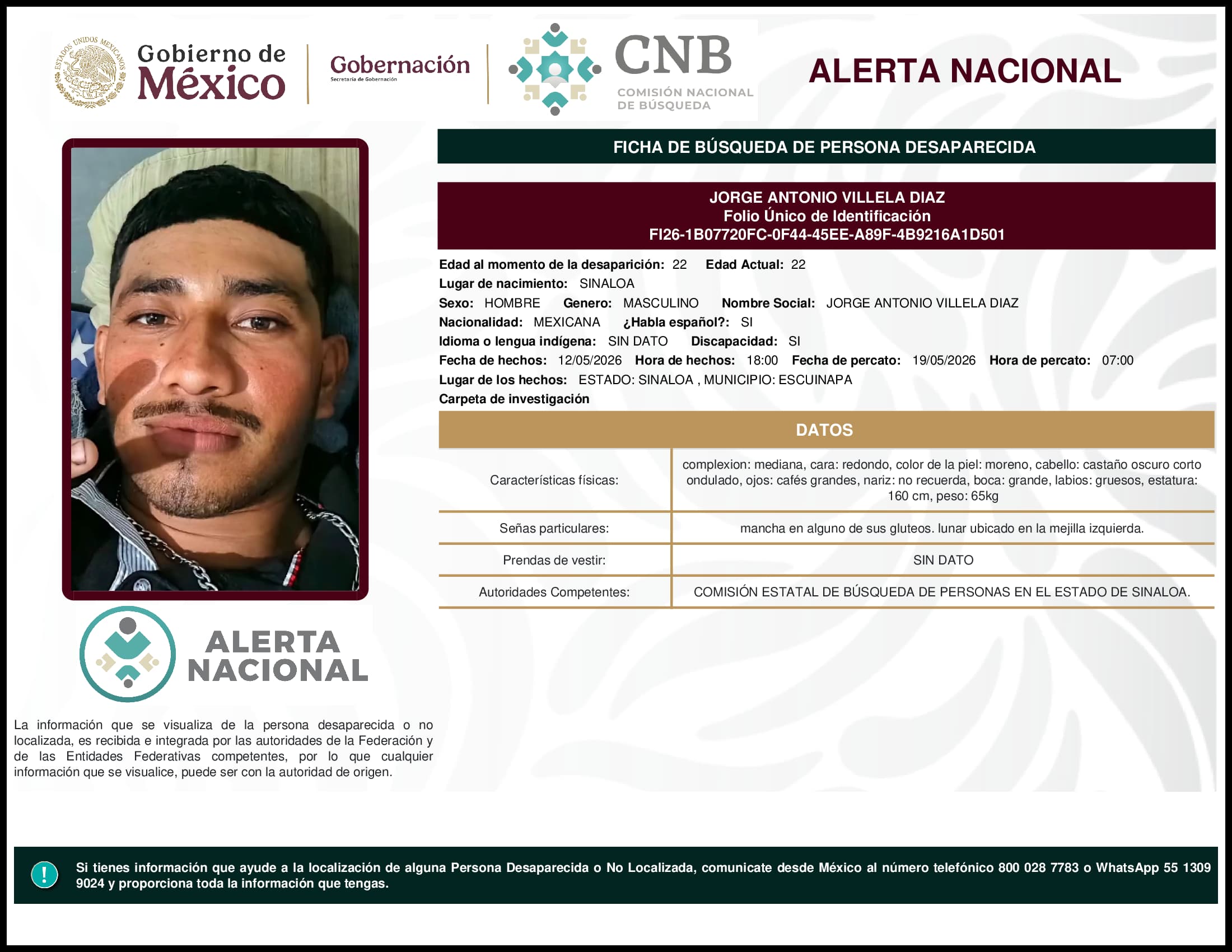 Persona desaparecida Jorge Antonio Villela Diaz