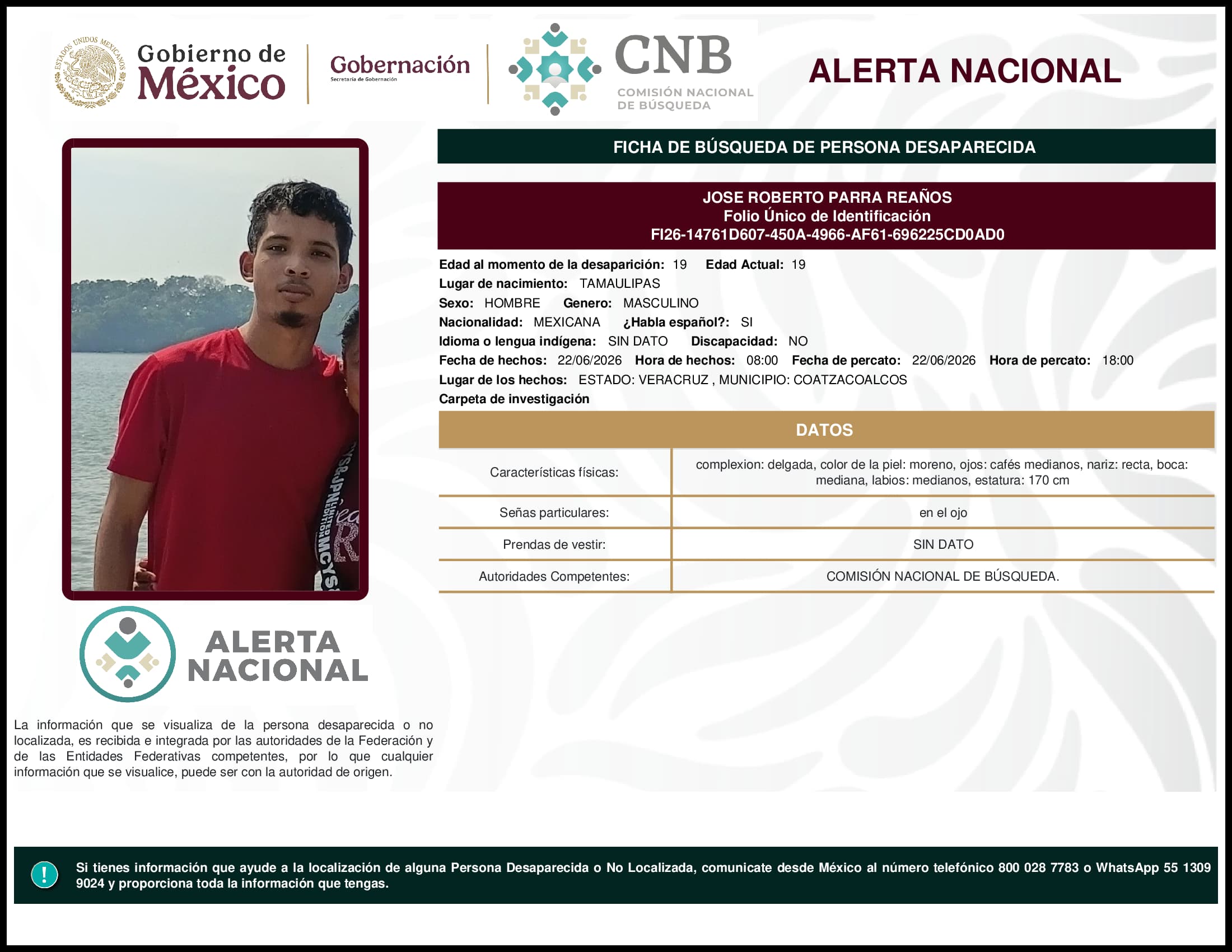 Persona desaparecida Jose Roberto Parra Reanos