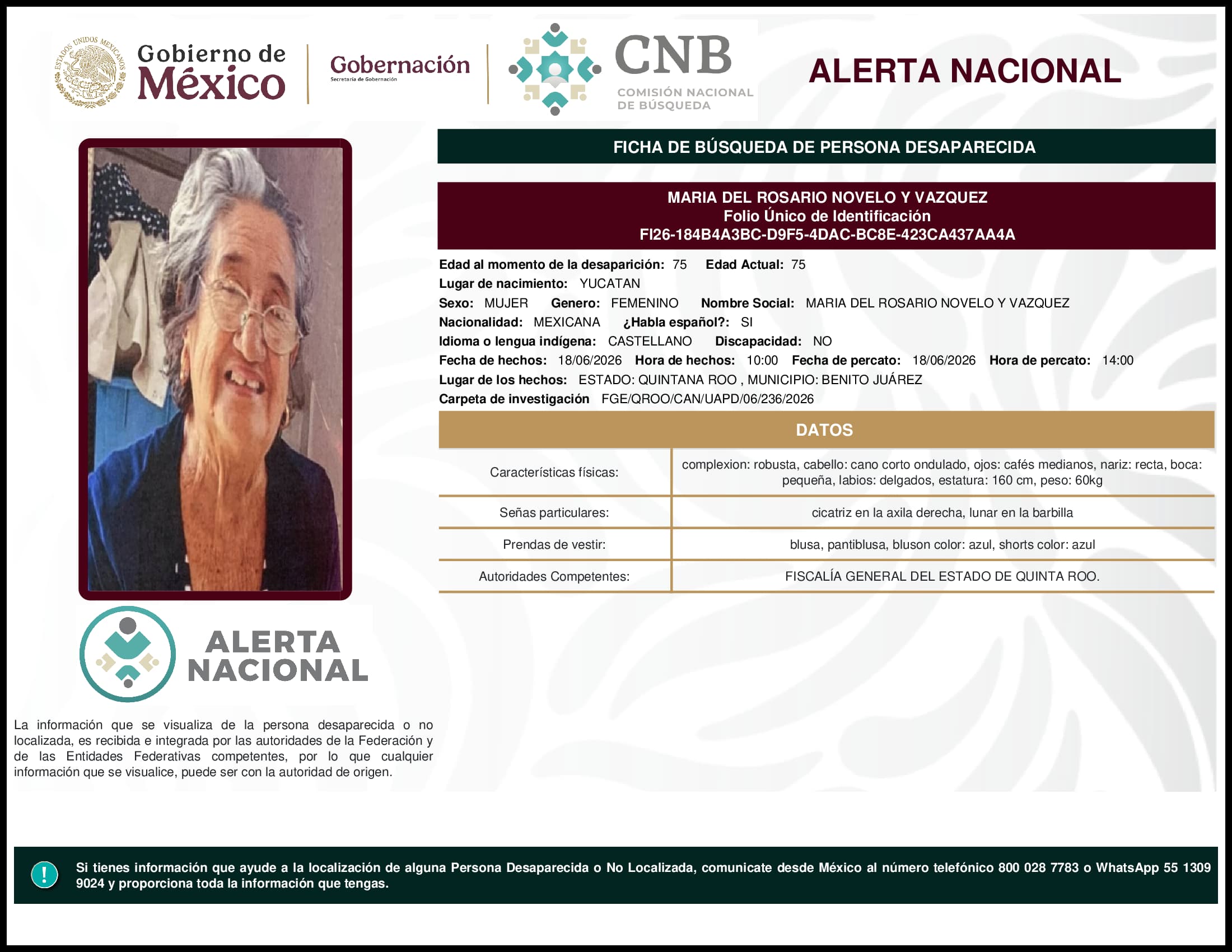Persona desaparecida Maria Del Rosario Novelo Y Vazquez
