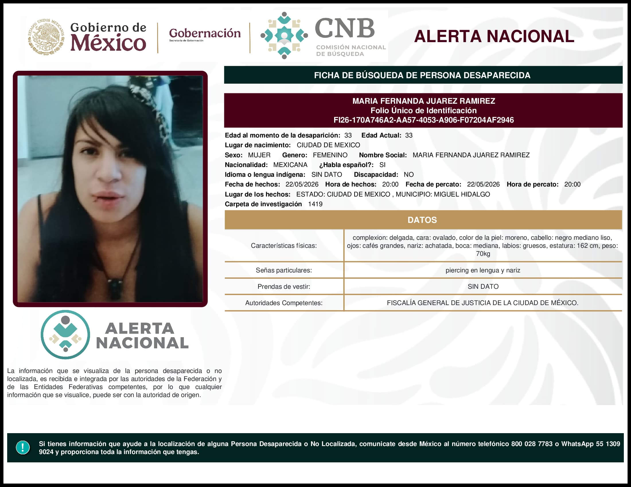 Persona desaparecida Maria Fernanda Juarez Ramirez