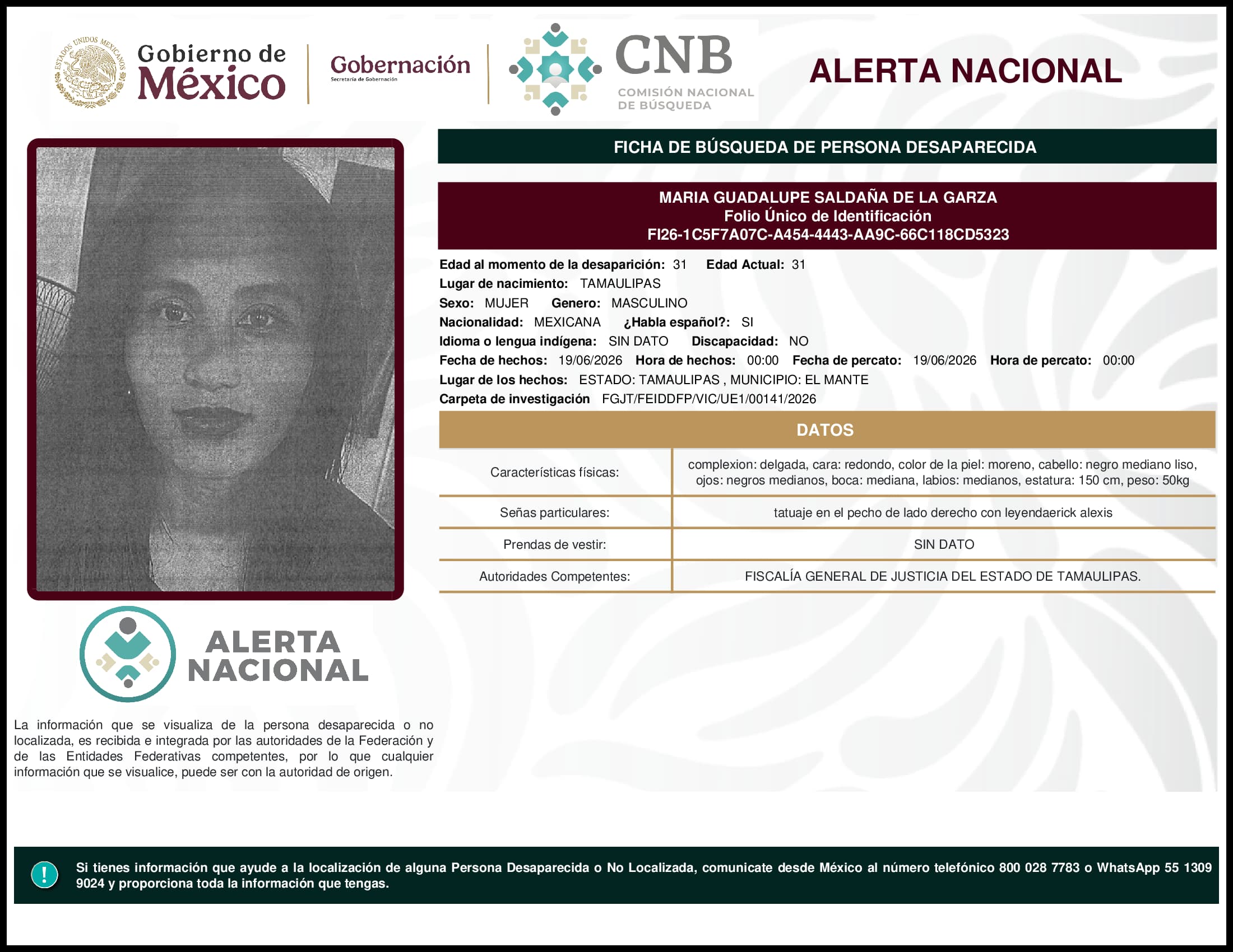 Persona desaparecida Maria Guadalupe Saldana De La Garza