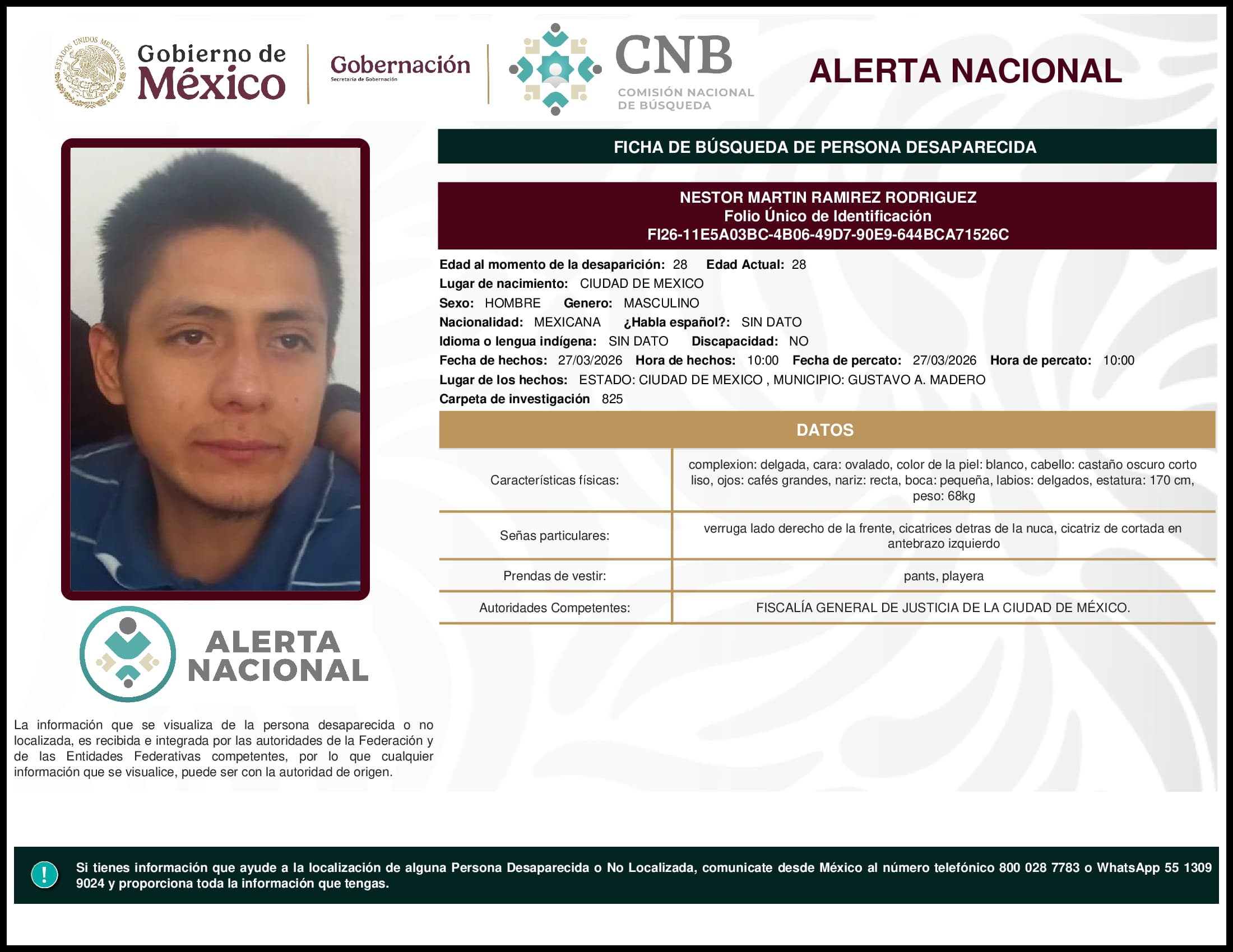 Persona desaparecida Nestor Martin Ramirez Rodriguez