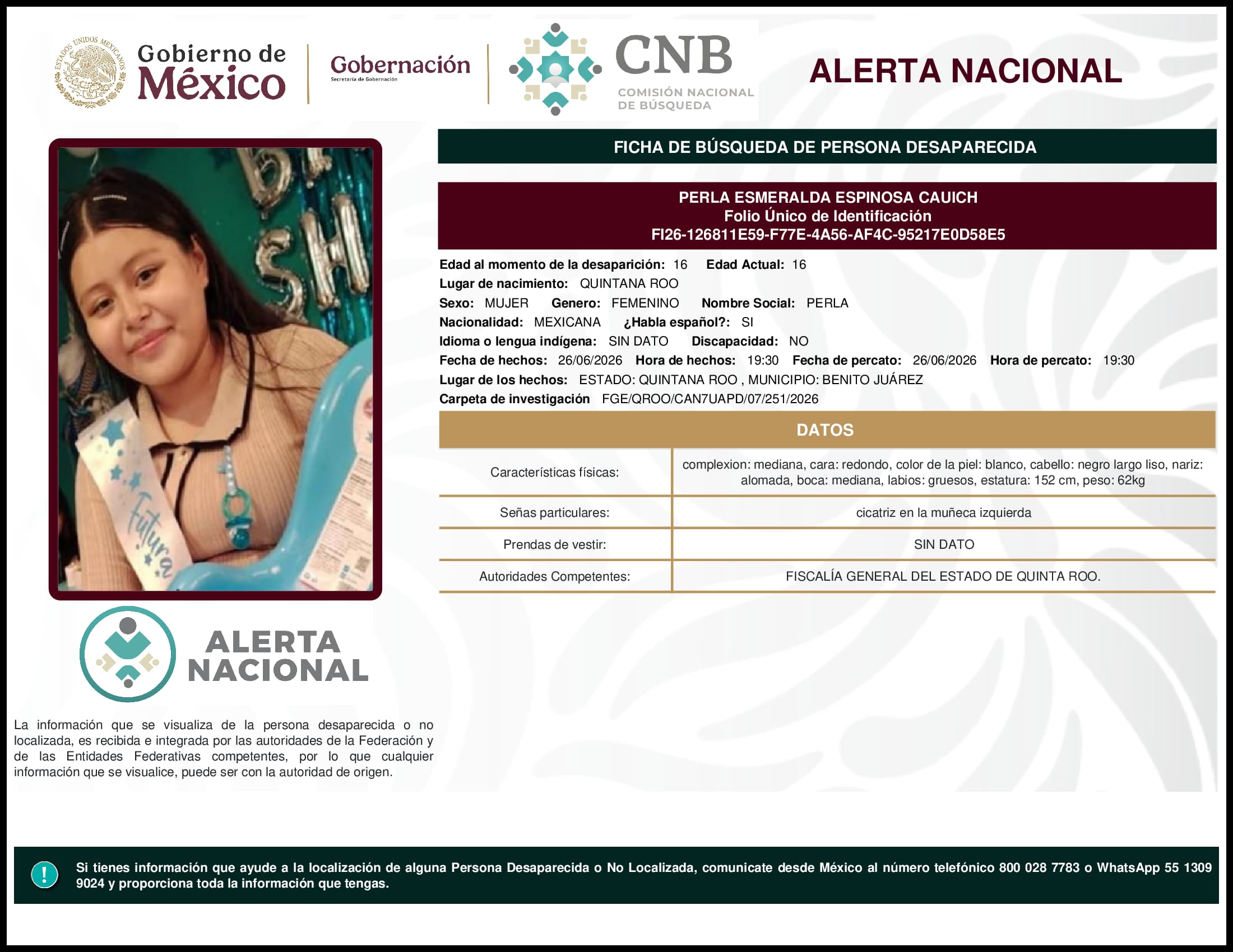 Persona desaparecida Perla Esmeralda Espinosa Cauich