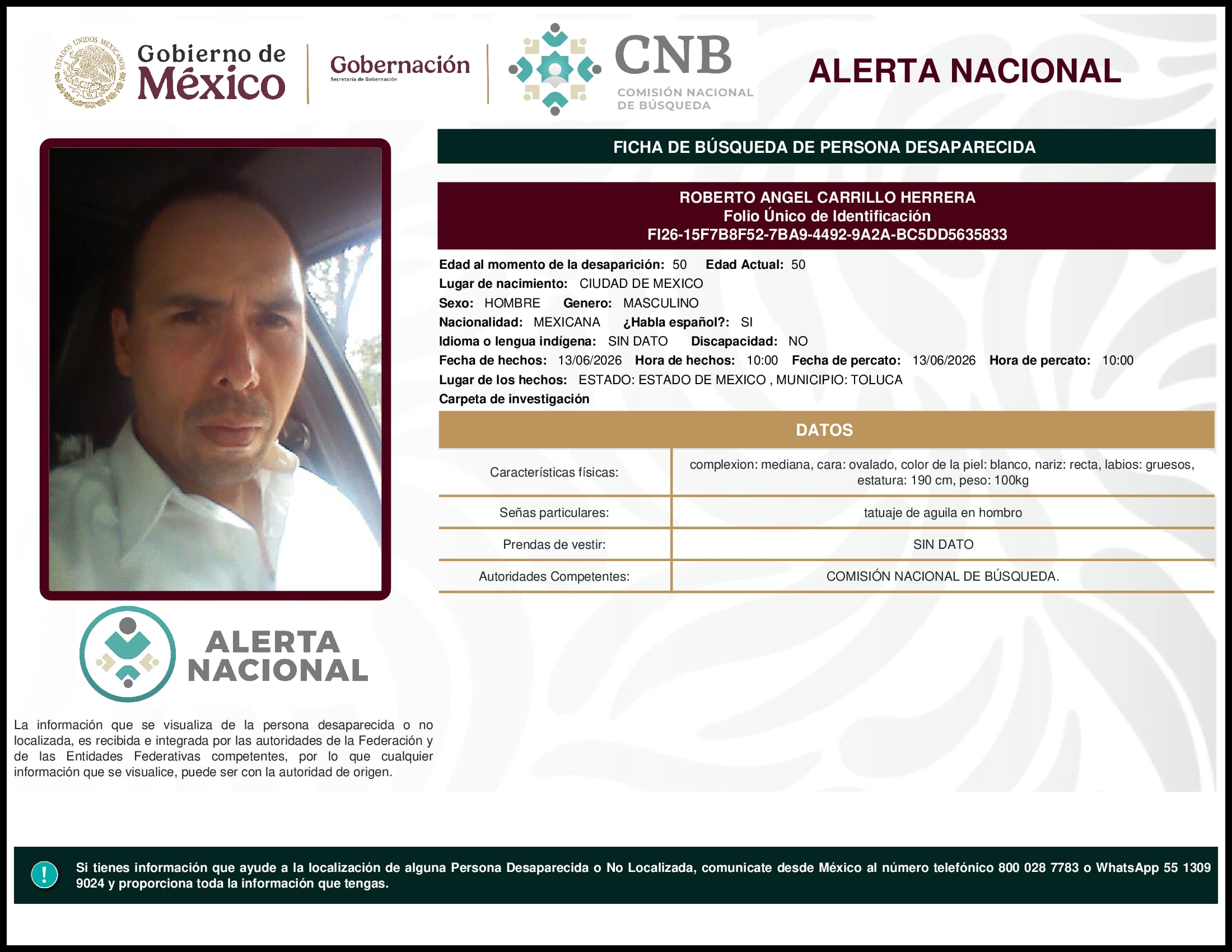 Persona desaparecida Roberto Angel Carrillo Herrera