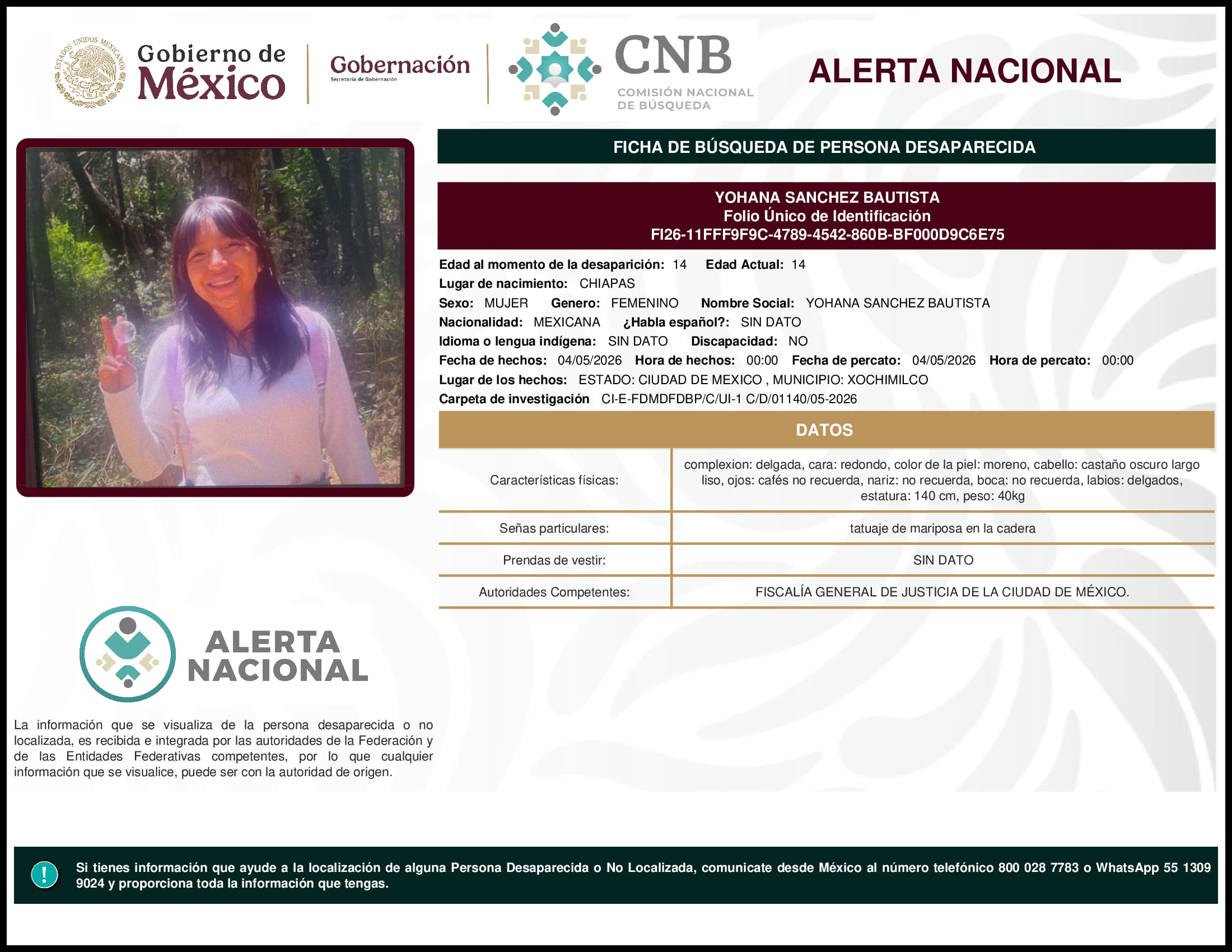 Persona desaparecida Yohana Sanchez Bautista