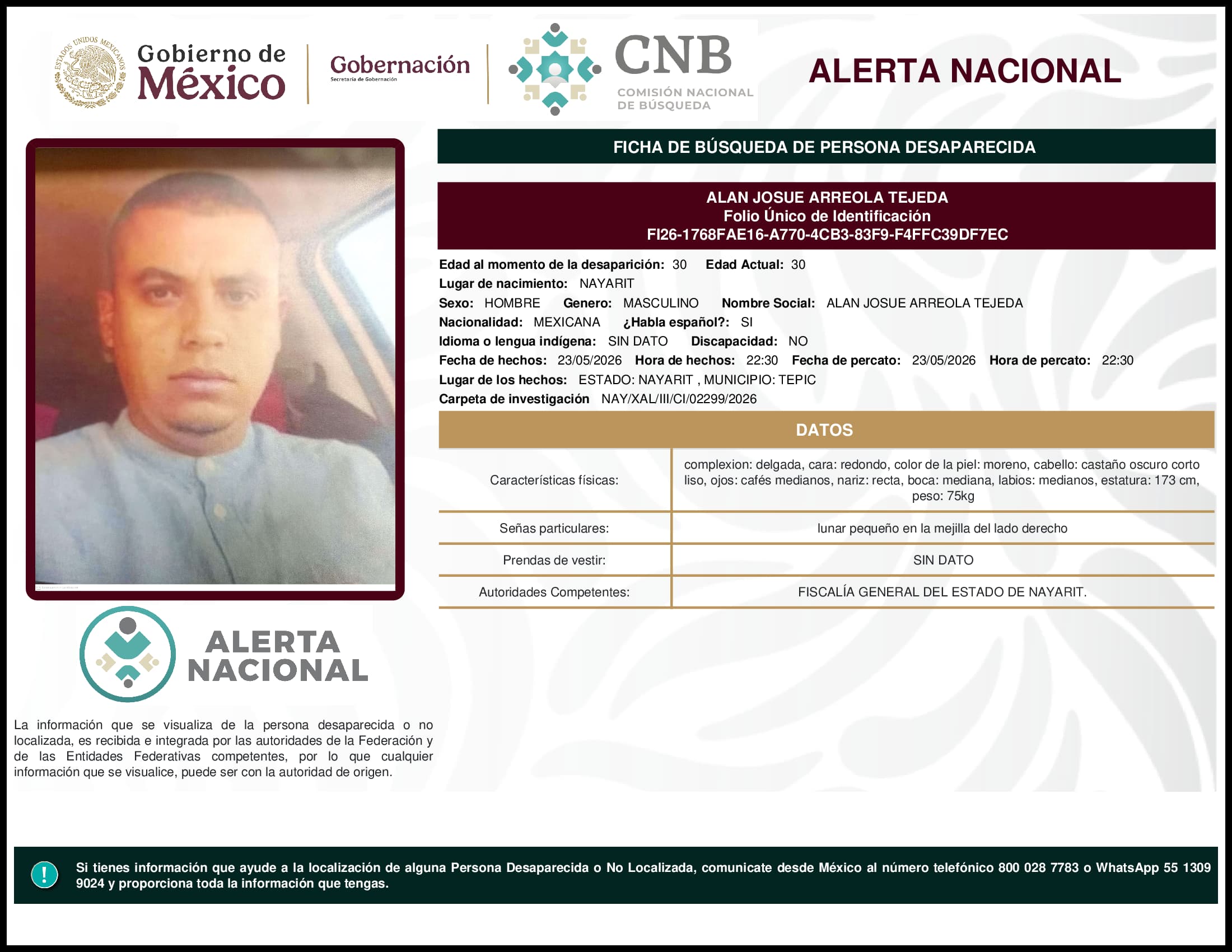 Persona desaparecida Alan Josue Arreola Tejeda