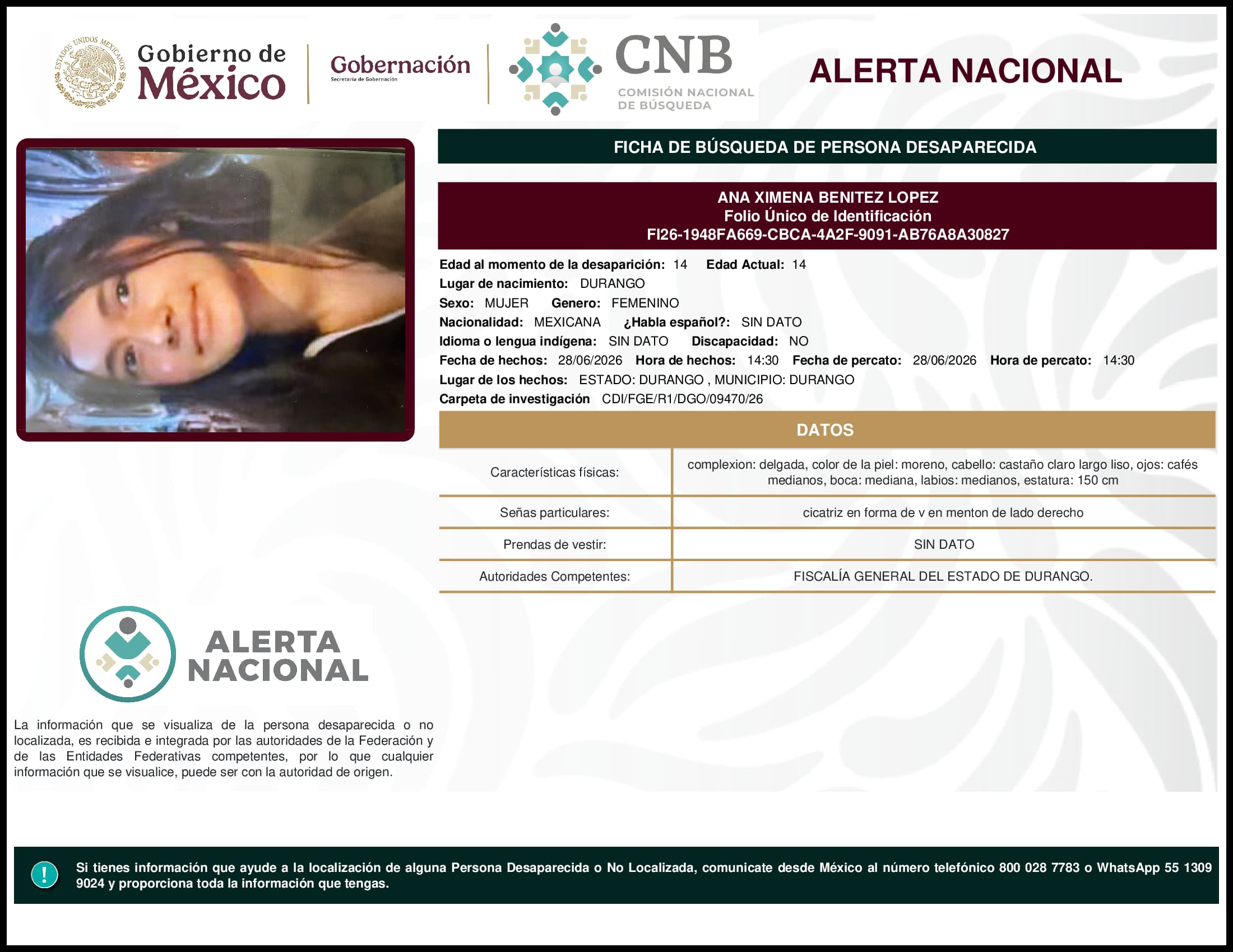 Persona desaparecida Ana Ximena Benitez Lopez