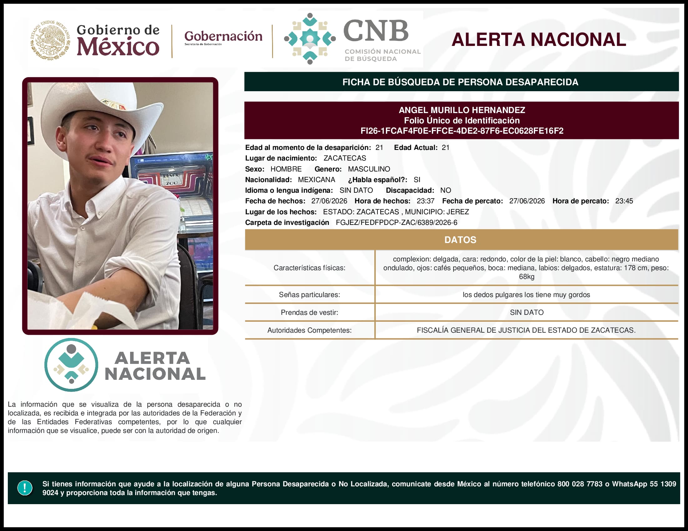 Persona desaparecida Angel Murillo Hernandez
