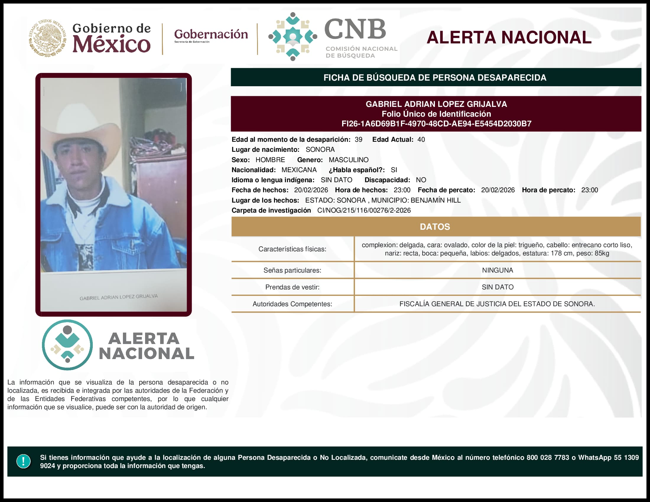 Persona desaparecida Gabriel Adrian Lopez Grijalva