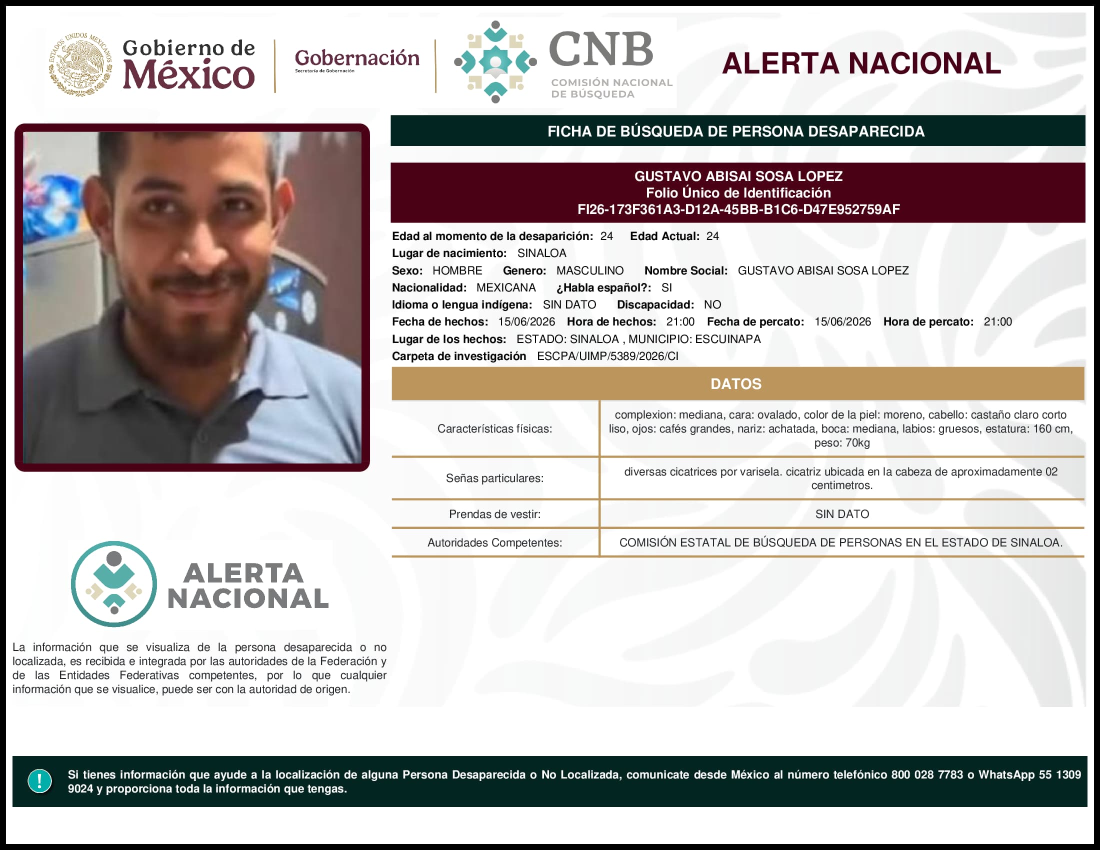 Persona desaparecida Gustavo Abisai Sosa Lopez