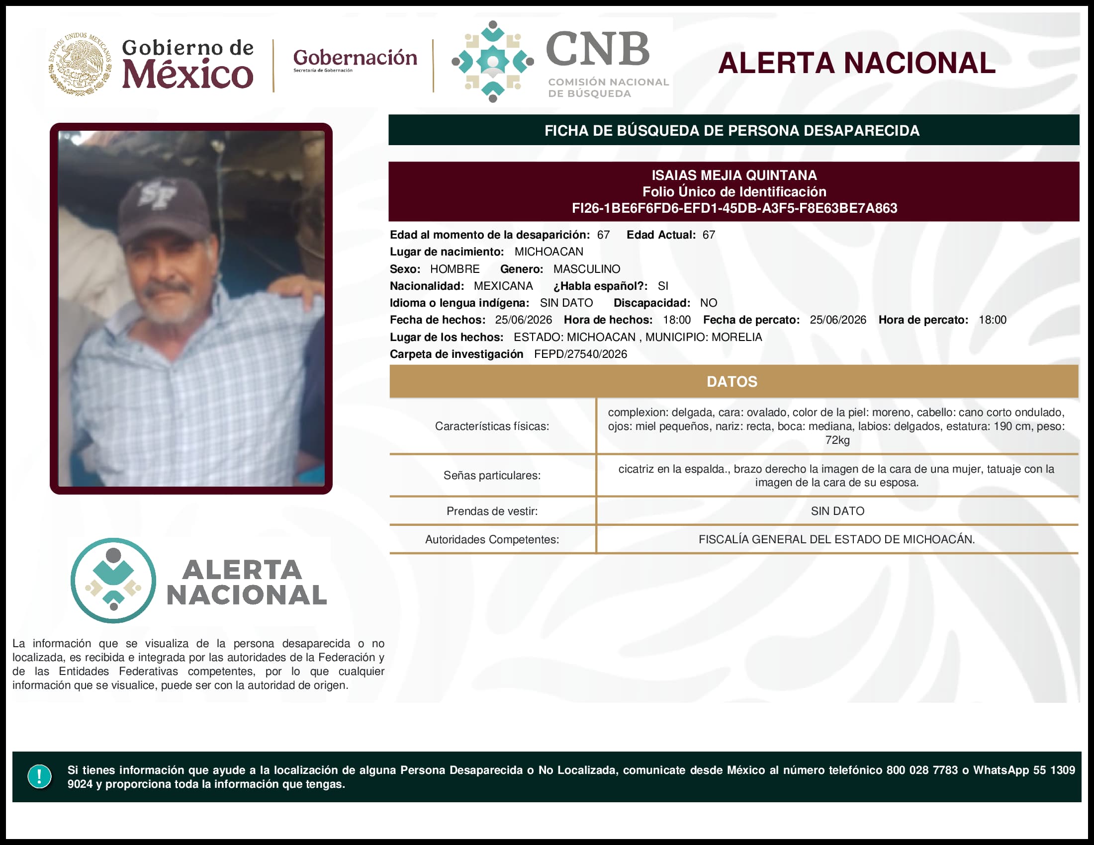 Persona desaparecida Isaias Mejia Quintana