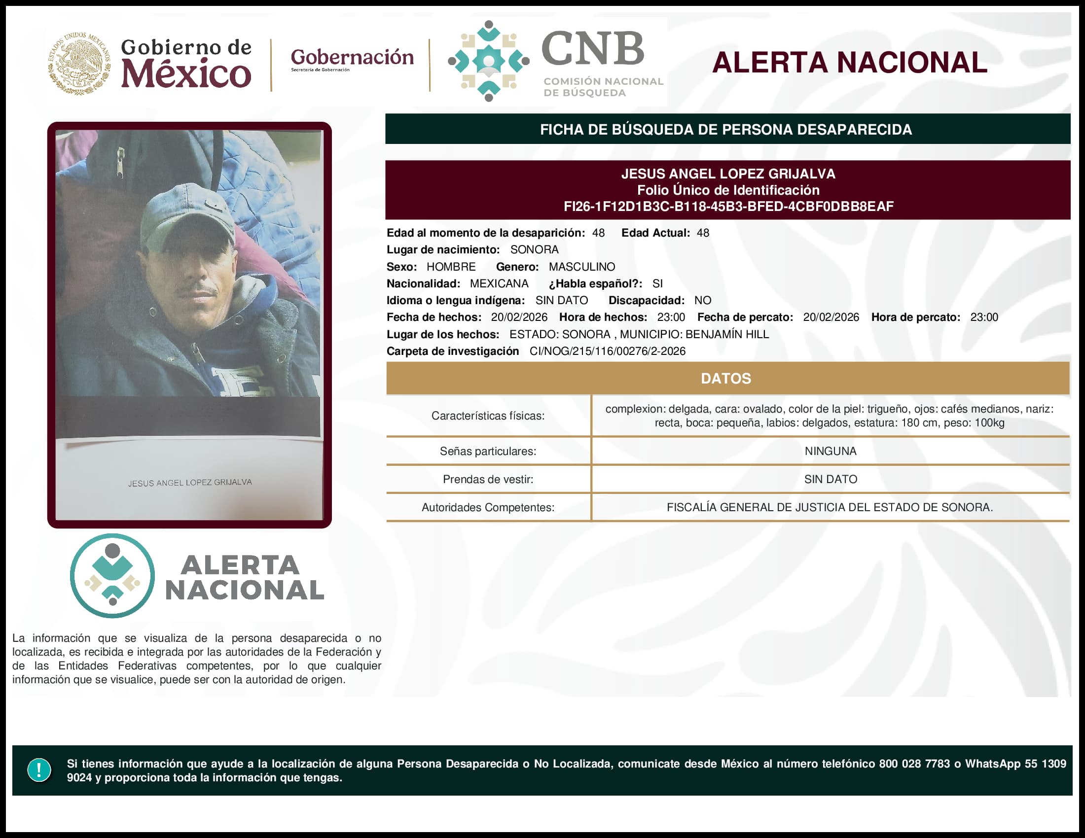 Persona desaparecida Jesus Angel Lopez Grijalva