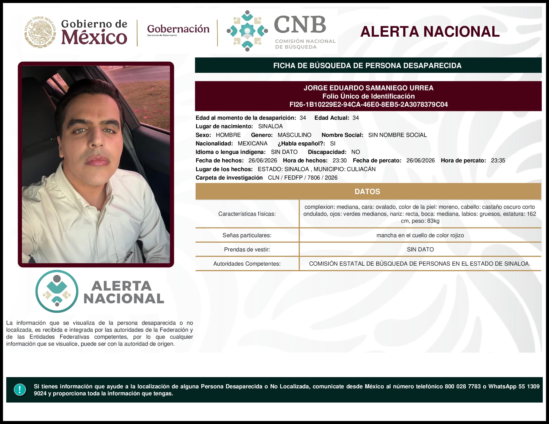 Persona desaparecida Jorge Eduardo Samaniego Urrea