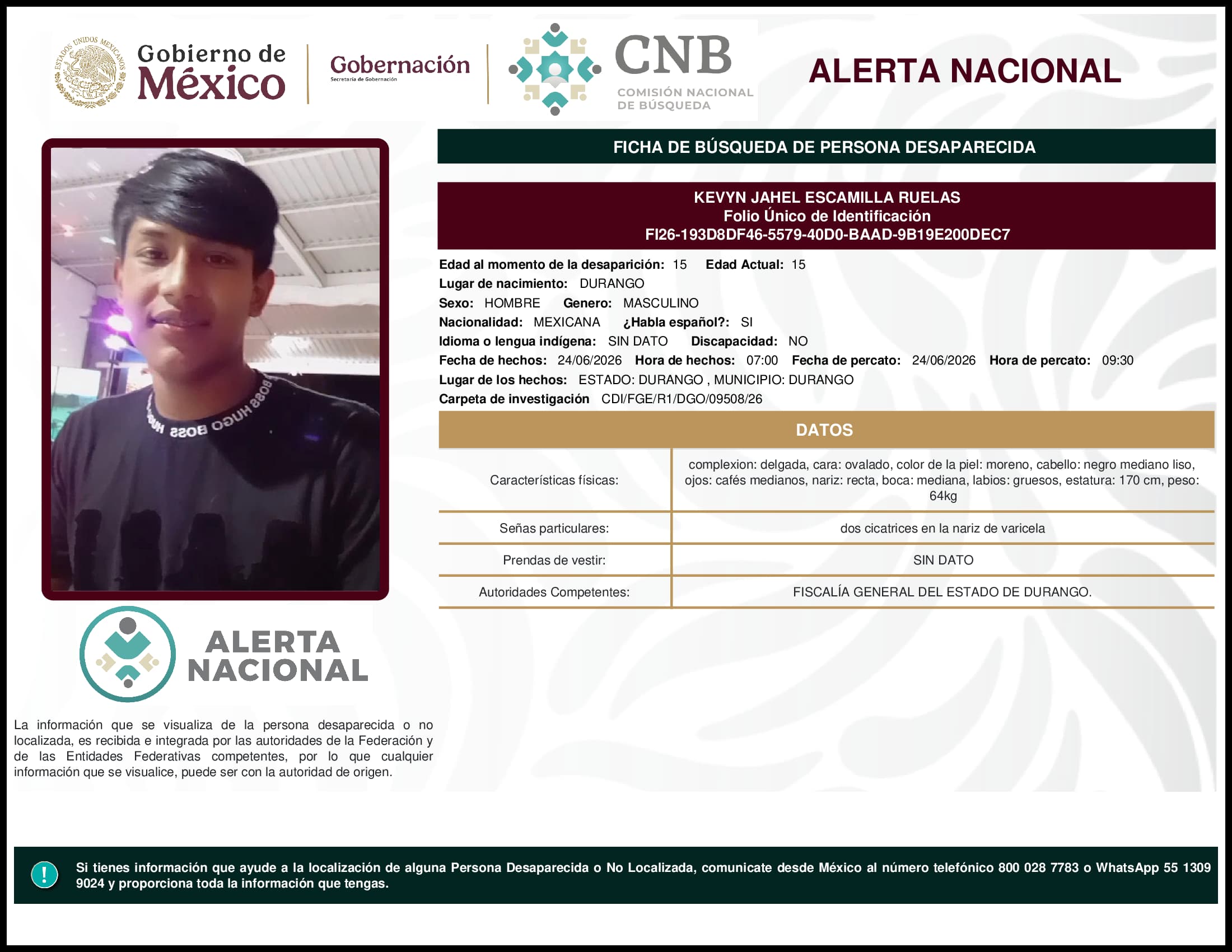 Persona desaparecida Kevyn Jahel Escamilla Ruelas