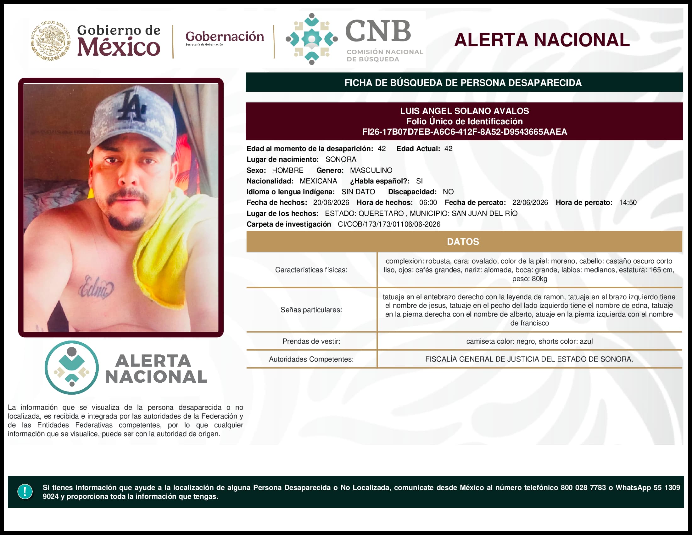 Persona desaparecida Luis Angel Solano Avalos