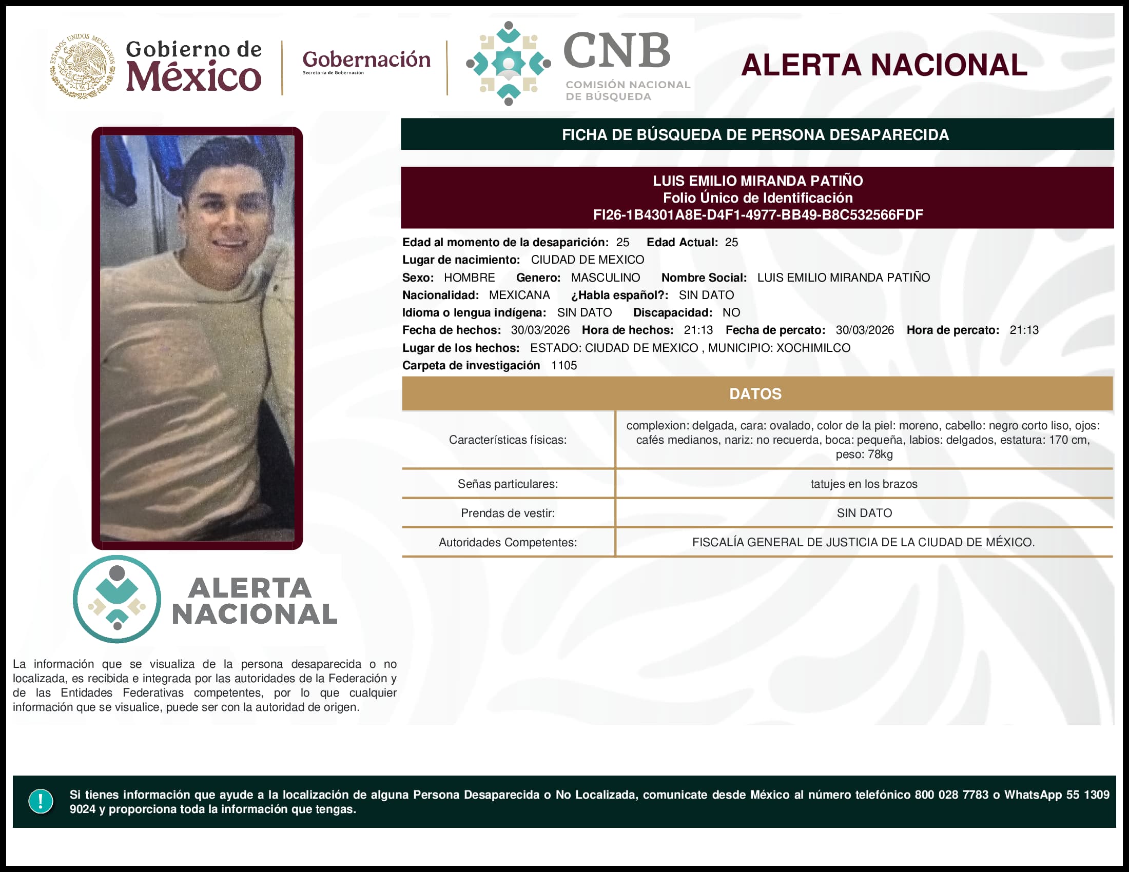 Persona desaparecida Luis Emilio Miranda Patino
