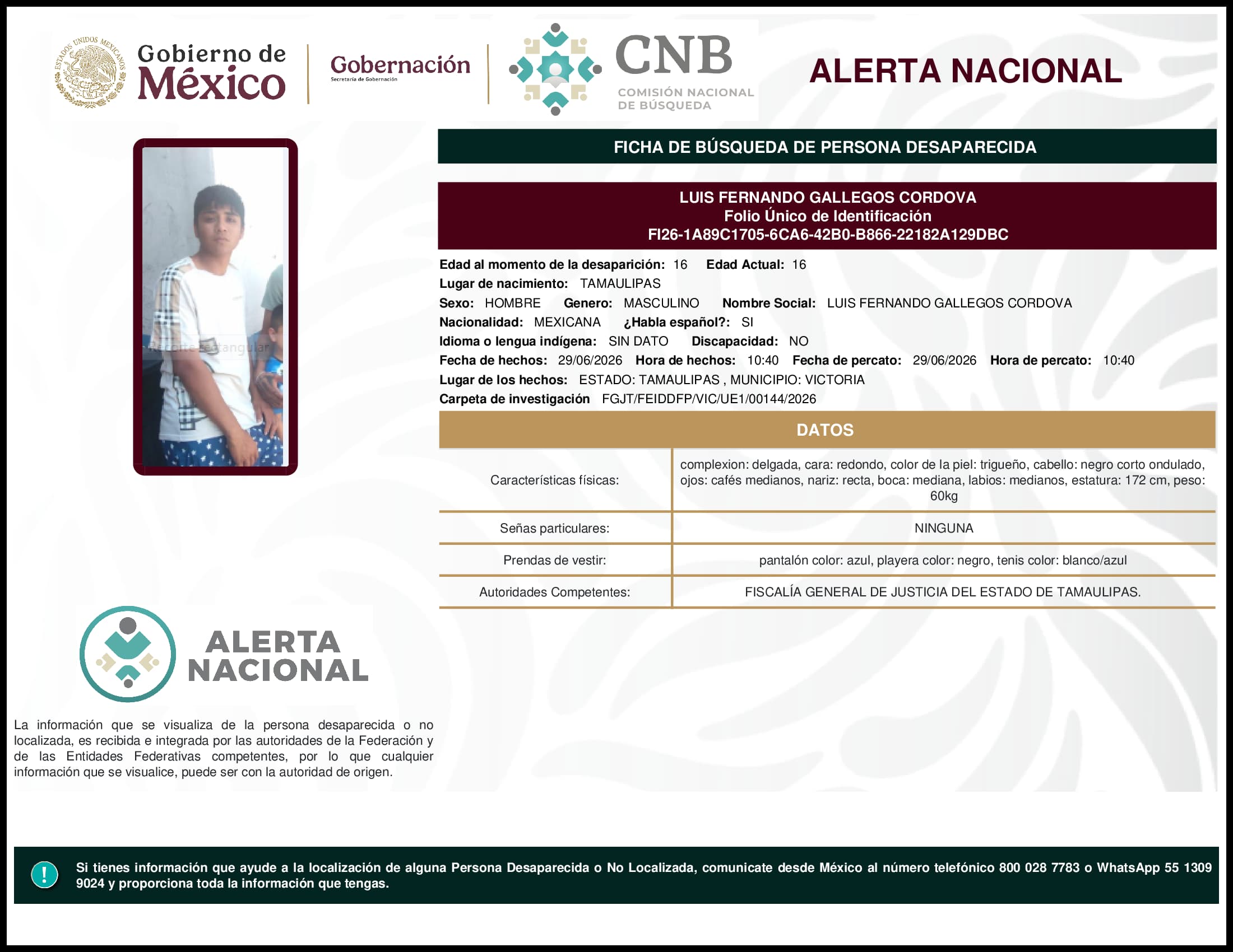 Persona desaparecida Luis Fernando Gallegos Cordova
