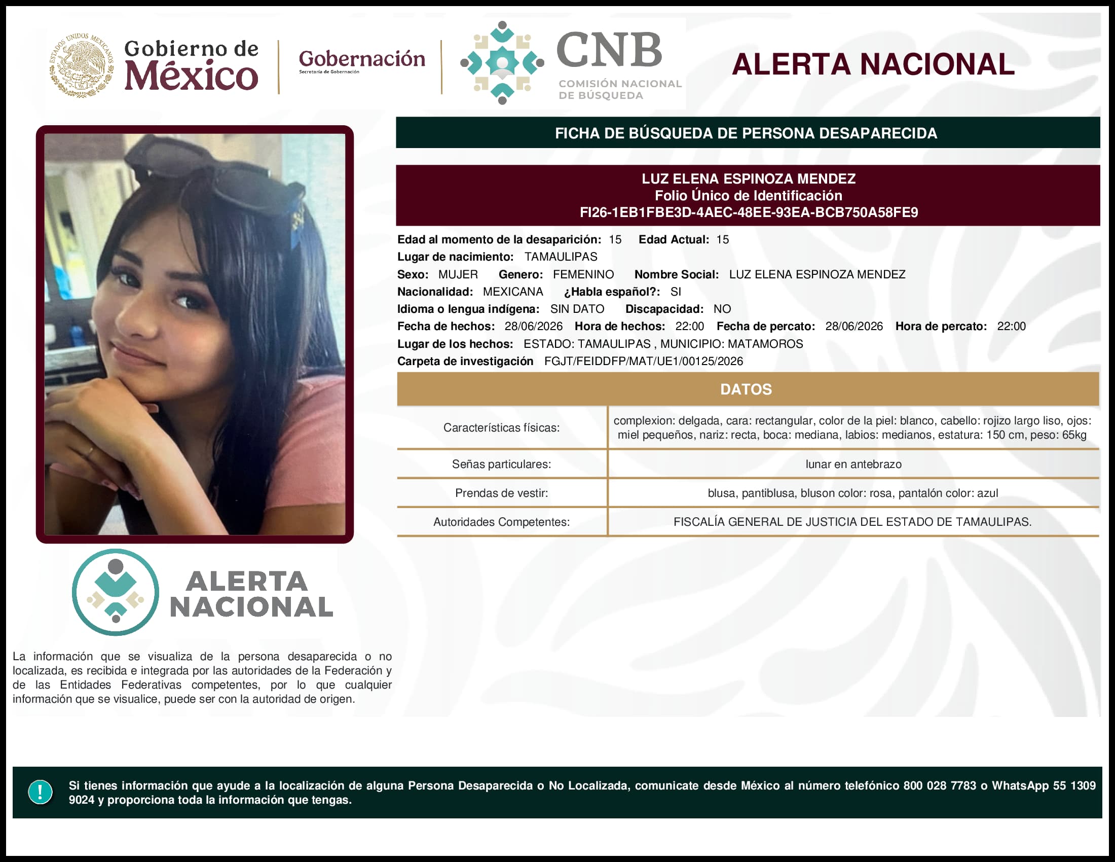 Persona desaparecida Luz Elena Espinoza Mendez