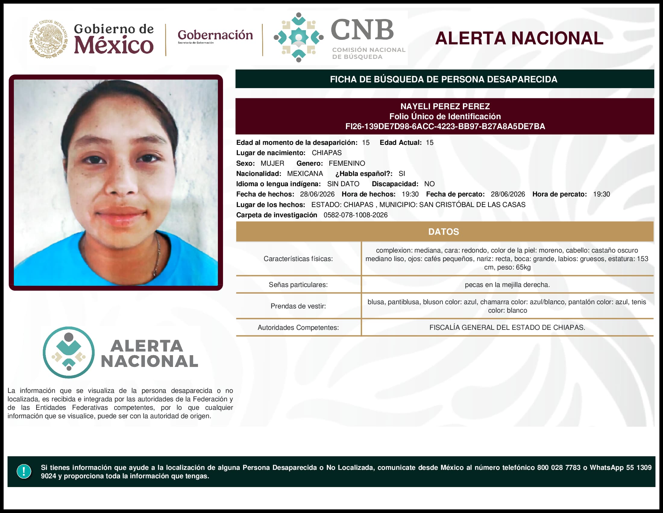 Persona desaparecida Nayeli Perez Perez