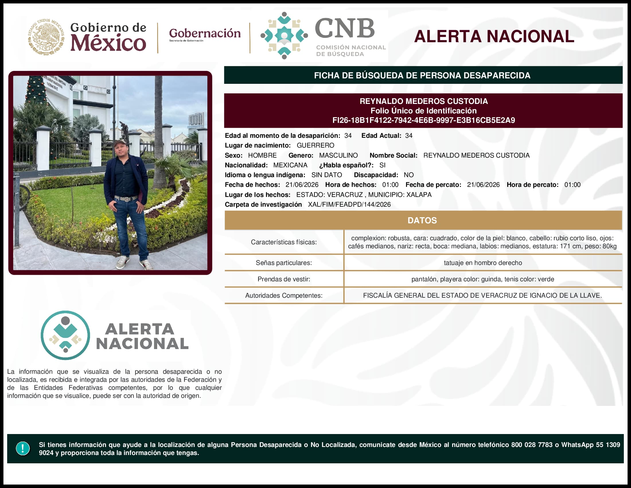Persona desaparecida Reynaldo Mederos Custodia