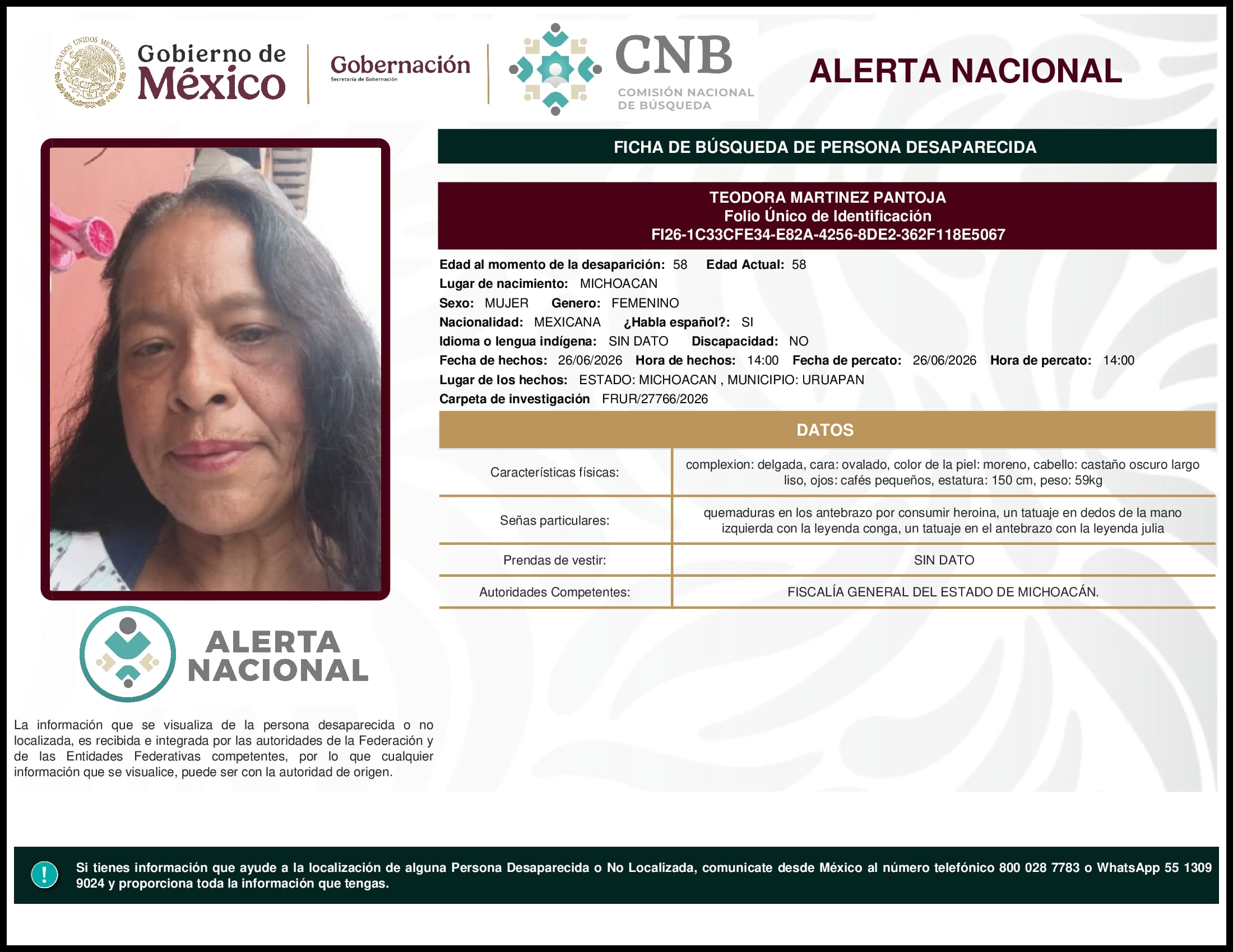Persona desaparecida Teodora Martinez Pantoja
