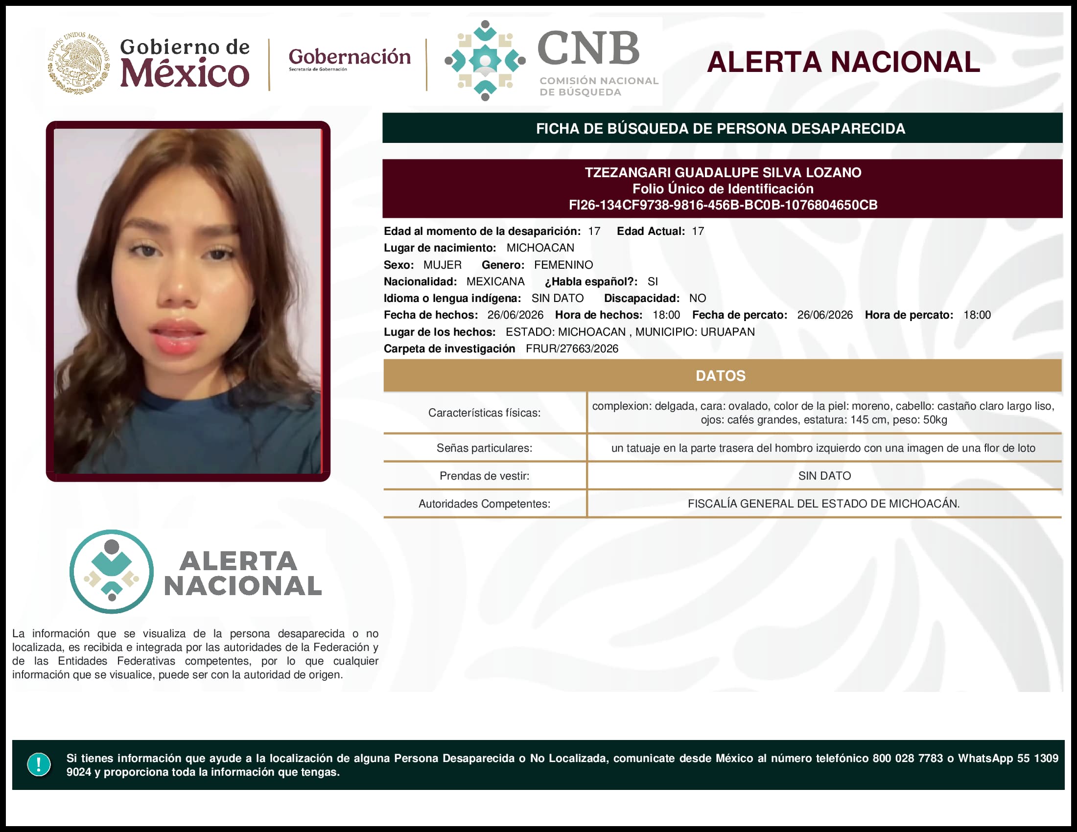 Persona desaparecida Tzezangari Guadalupe Silva Lozano