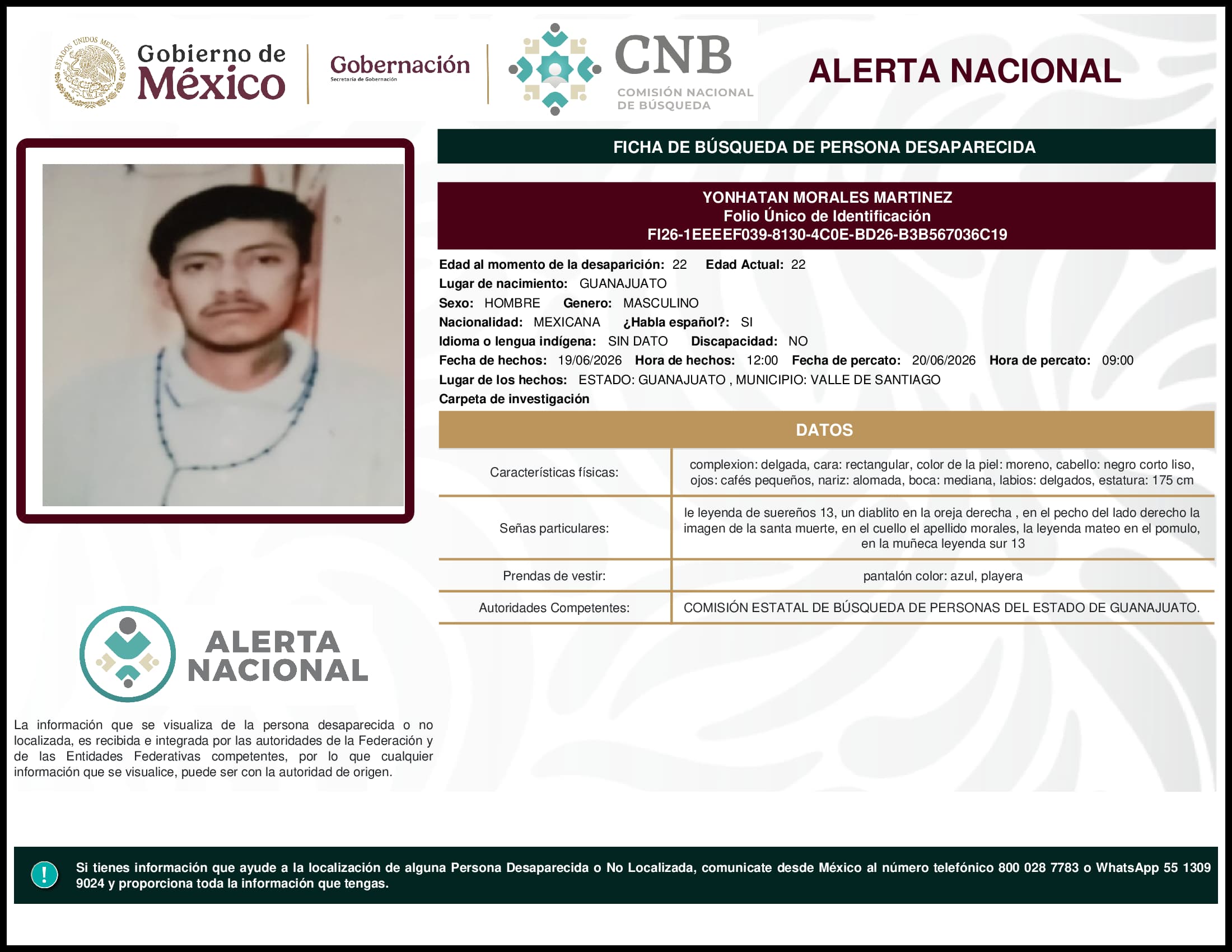 Persona desaparecida Yonhatan Morales Martinez