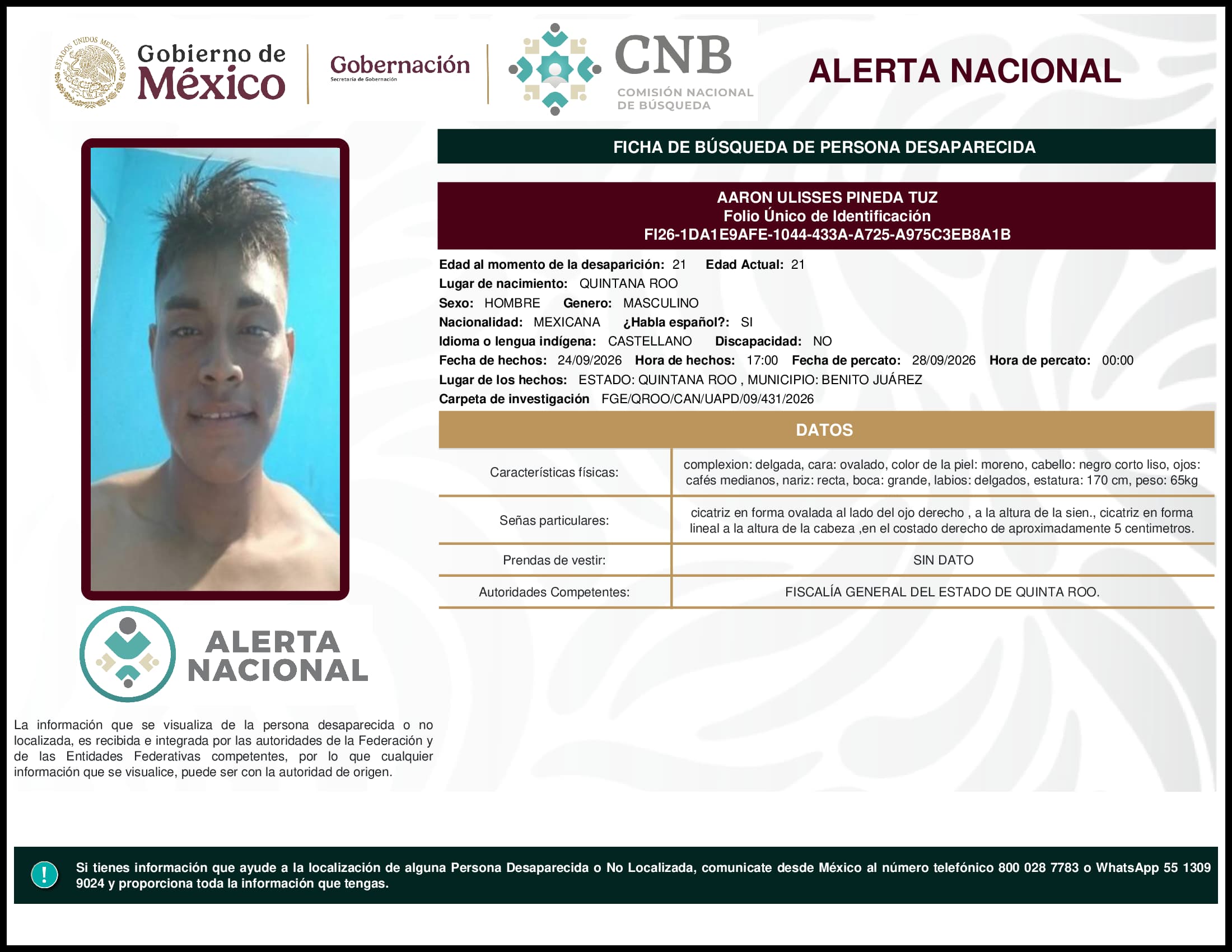 Persona desaparecida Aaron Ulisses Pineda Tuz