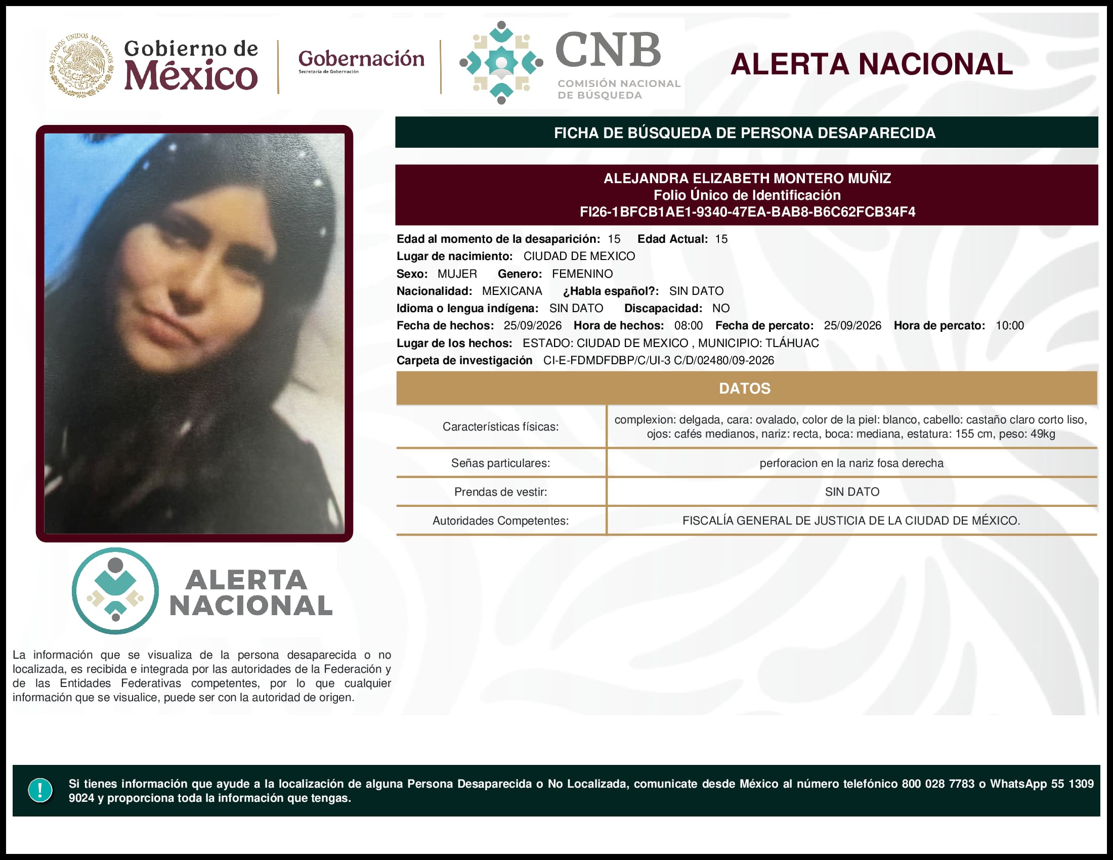 Persona desaparecida Alejandra Elizabeth Montero Muniz